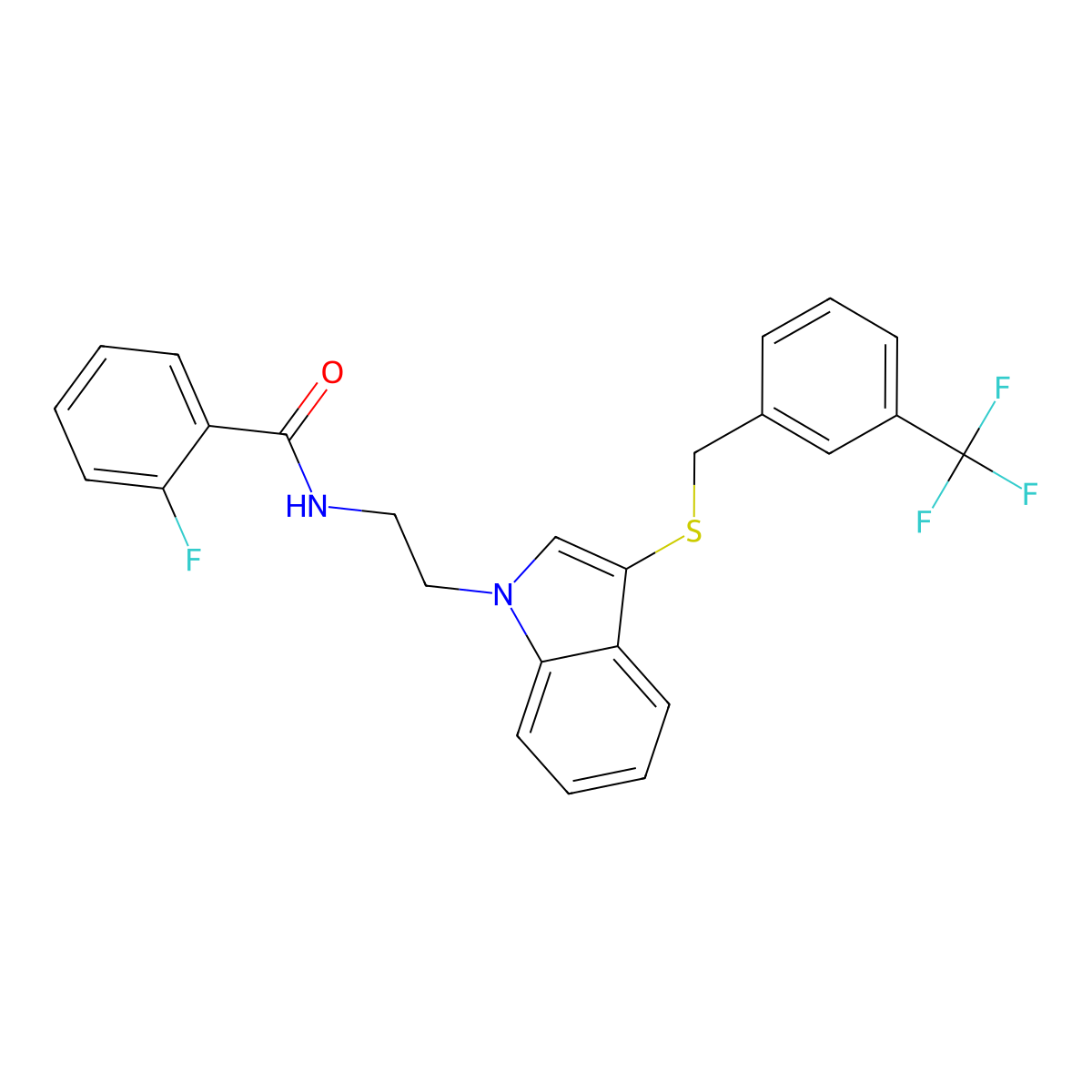 2-fluoro-N-[2-[3-[[3-(trifluoromethyl)phenyl]methylsulfanyl]indol-1-yl]ethyl]benzamide molecular structure, CAS 532972-85-3
