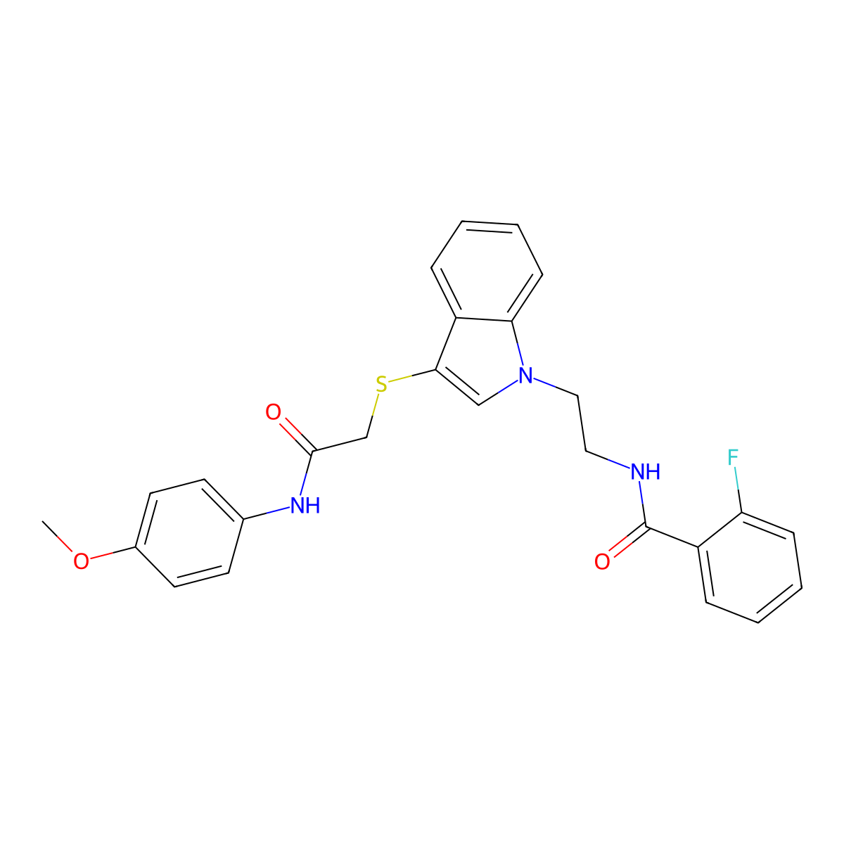2-fluoro-N-(2-(3-((2-((4-methoxyphenyl)amino)-2-oxoethyl)thio)-1H-indol-1-yl)ethyl)benzamide molecular structure, CAS 532973-02-7
