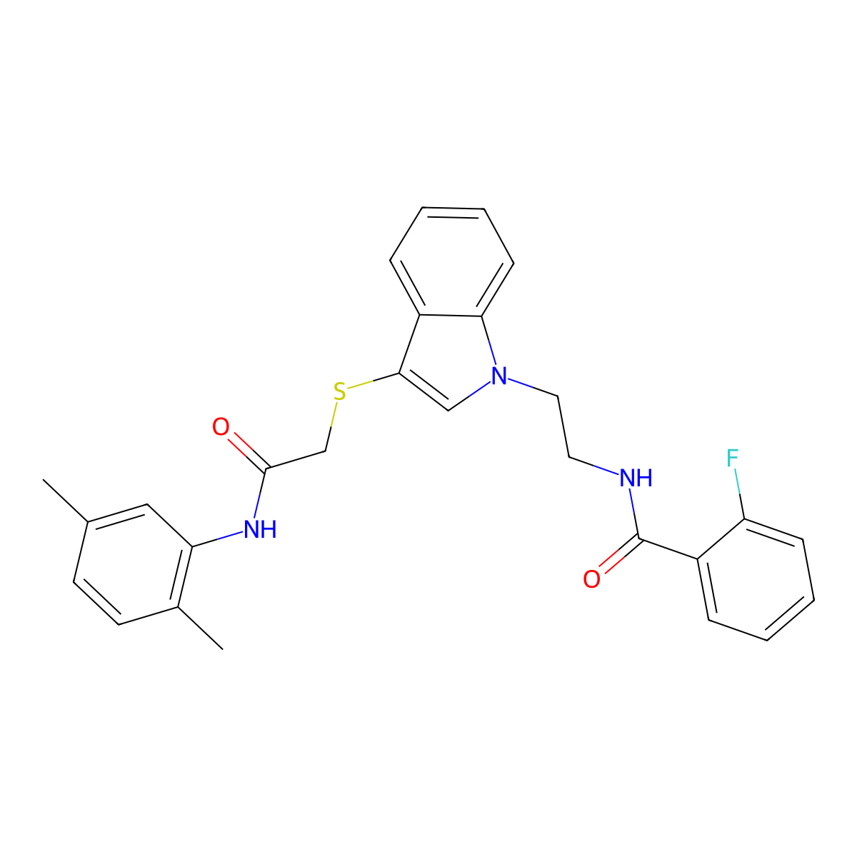 N-[2-[3-[2-(2,5-dimethylanilino)-2-oxoethyl]sulfanylindol-1-yl]ethyl]-2-fluorobenzamide molecular structure, CAS 532973-07-2