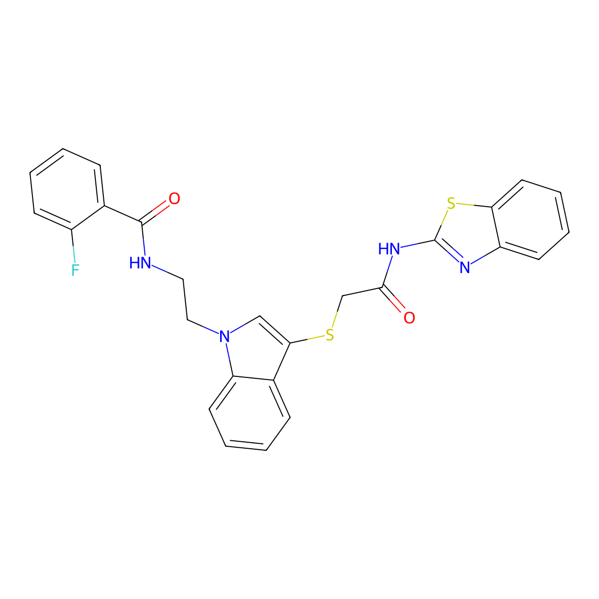 N-[2-[3-[2-(1,3-benzothiazol-2-ylamino)-2-oxoethyl]sulfanylindol-1-yl]ethyl]-2-fluorobenzamide molecular structure, CAS 532973-16-3