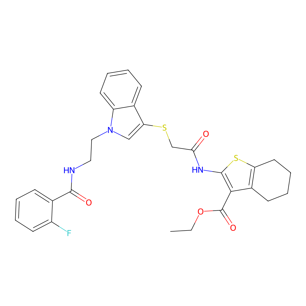 Ethyl 2-[[2-[1-[2-[(2-fluorobenzoyl)amino]ethyl]indol-3-yl]sulfanylacetyl]amino]-4,5,6,7-tetrahydro-1-benzothiophene-3-carboxylate molecular structure, CAS 532973-20-9