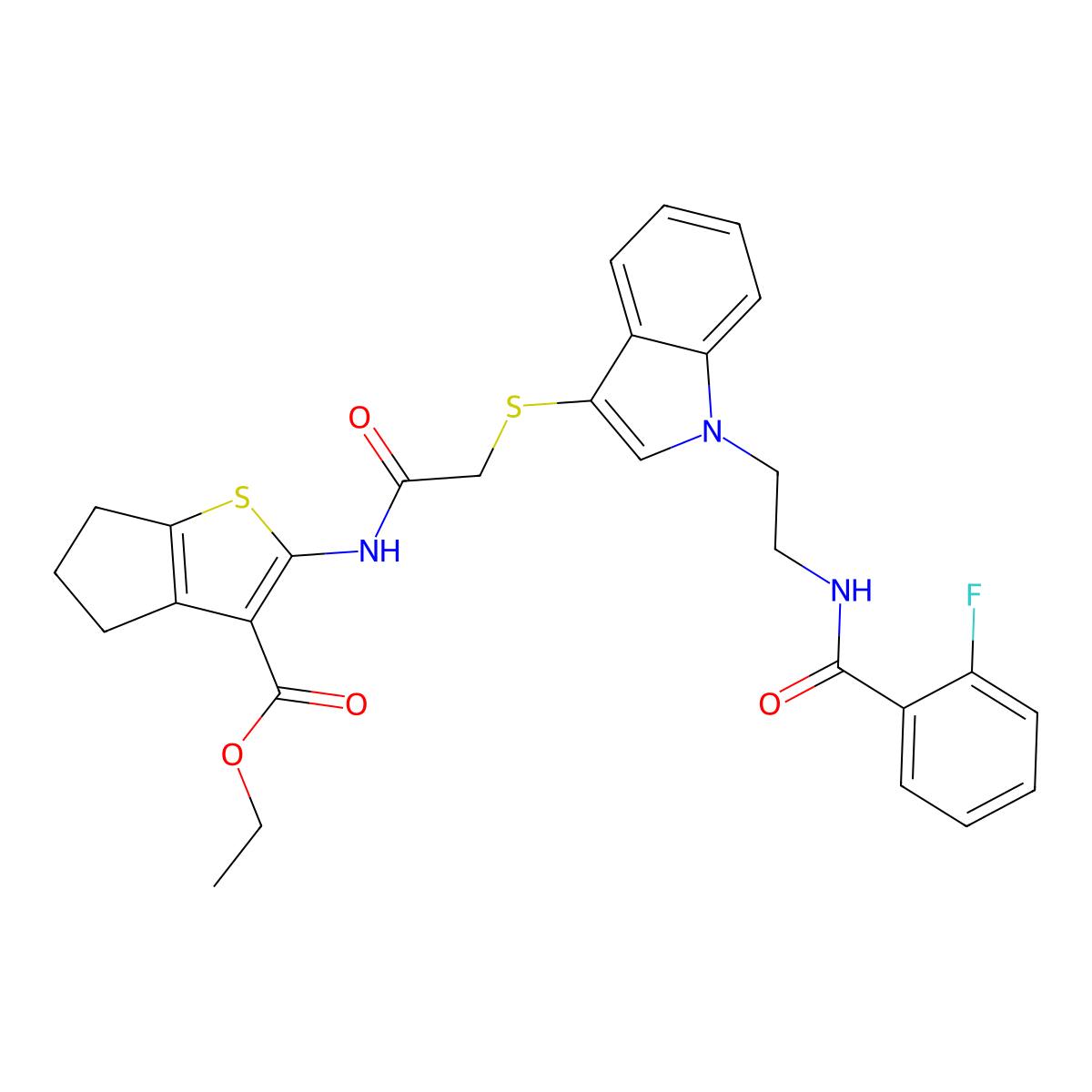 ethyl 2-[[2-[1-[2-[(2-fluorobenzoyl)amino]ethyl]indol-3-yl]sulfanylacetyl]amino]-5,6-dihydro-4H-cyclopenta[b]thiophene-3-carboxylate molecular structure, CAS 532973-22-1