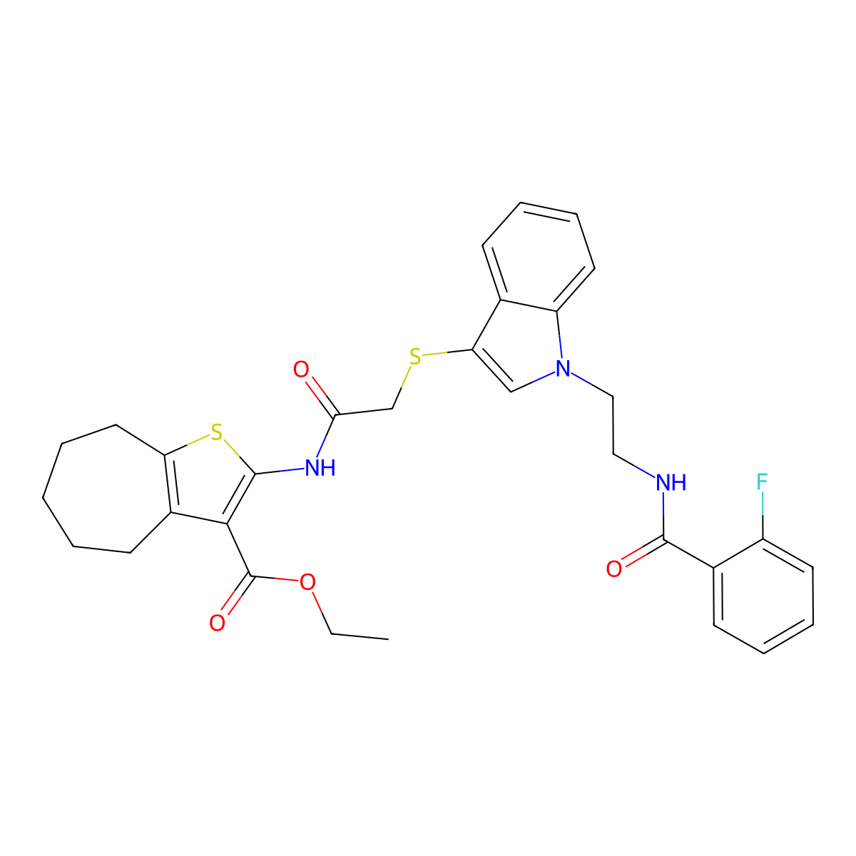 ethyl 2-(2-((1-(2-(2-fluorobenzamido)ethyl)-1H-indol-3-yl)thio)acetamido)-5,6,7,8-tetrahydro-4H-cyclohepta[b]thiophene-3-carboxylate molecular structure, CAS 532973-24-3