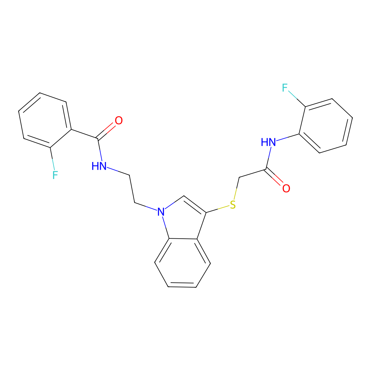 2-fluoro-N-[2-[3-[2-(2-fluoroanilino)-2-oxoethyl]sulfanylindol-1-yl]ethyl]benzamide molecular structure, CAS 532973-31-2