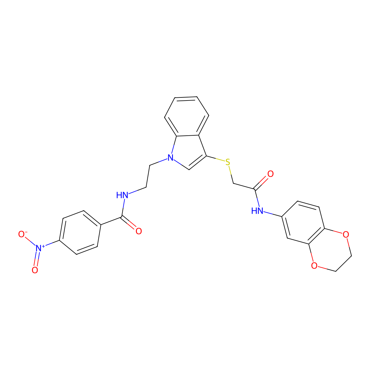 N-[2-[3-[2-(2,3-dihydro-1,4-benzodioxin-6-ylamino)-2-oxoethyl]sulfanylindol-1-yl]ethyl]-4-nitrobenzamide molecular structure, CAS 532973-68-5
