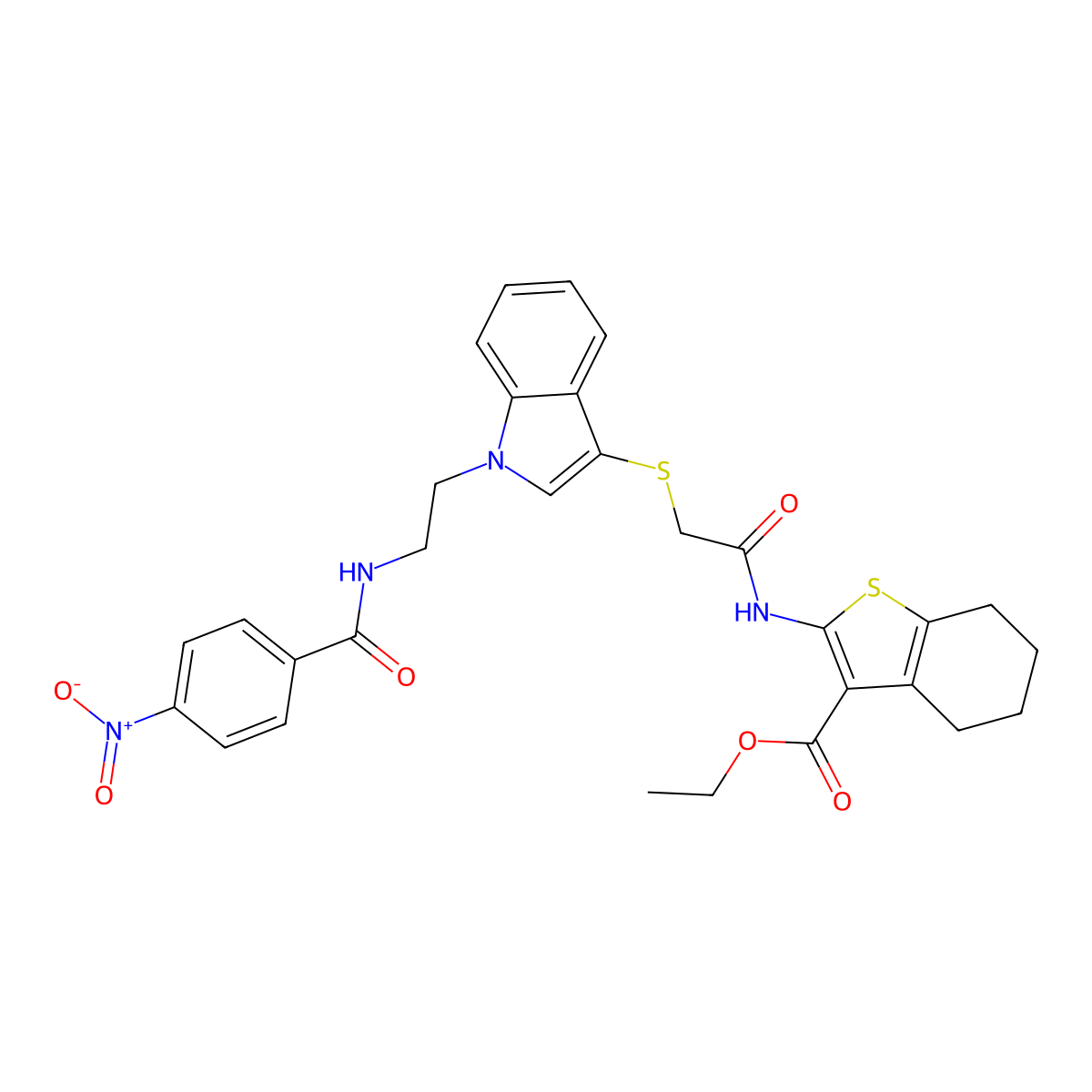 Ethyl 2-[[2-[1-[2-[(4-nitrobenzoyl)amino]ethyl]indol-3-yl]sulfanylacetyl]amino]-4,5,6,7-tetrahydro-1-benzothiophene-3-carboxylate molecular structure, CAS 532973-79-8