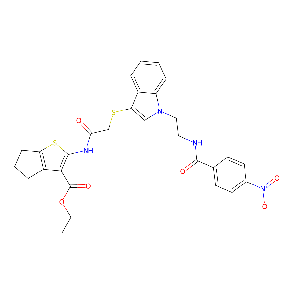 ethyl 2-[[2-[1-[2-[(4-nitrobenzoyl)amino]ethyl]indol-3-yl]sulfanylacetyl]amino]-5,6-dihydro-4H-cyclopenta[b]thiophene-3-carboxylate molecular structure, CAS 532973-80-1