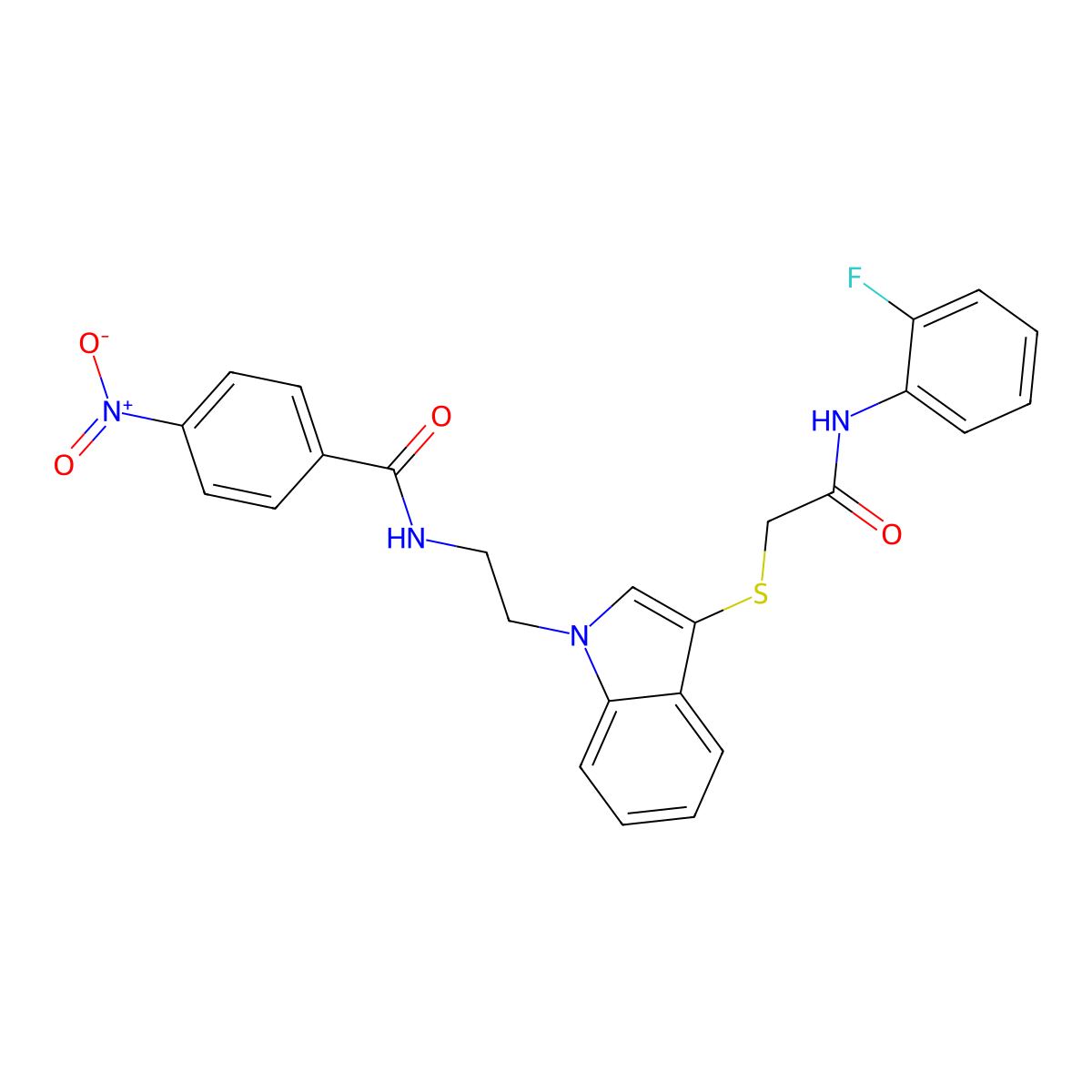 N-[2-[3-[2-(2-fluoroanilino)-2-oxoethyl]sulfanylindol-1-yl]ethyl]-4-nitrobenzamide molecular structure, CAS 532973-89-0