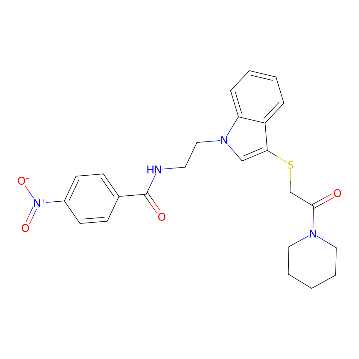 4-nitro-N-(2-(3-((2-oxo-2-(piperidin-1-yl)ethyl)thio)-1H-indol-1-yl)ethyl)benzamide molecular structure, CAS 532973-91-4