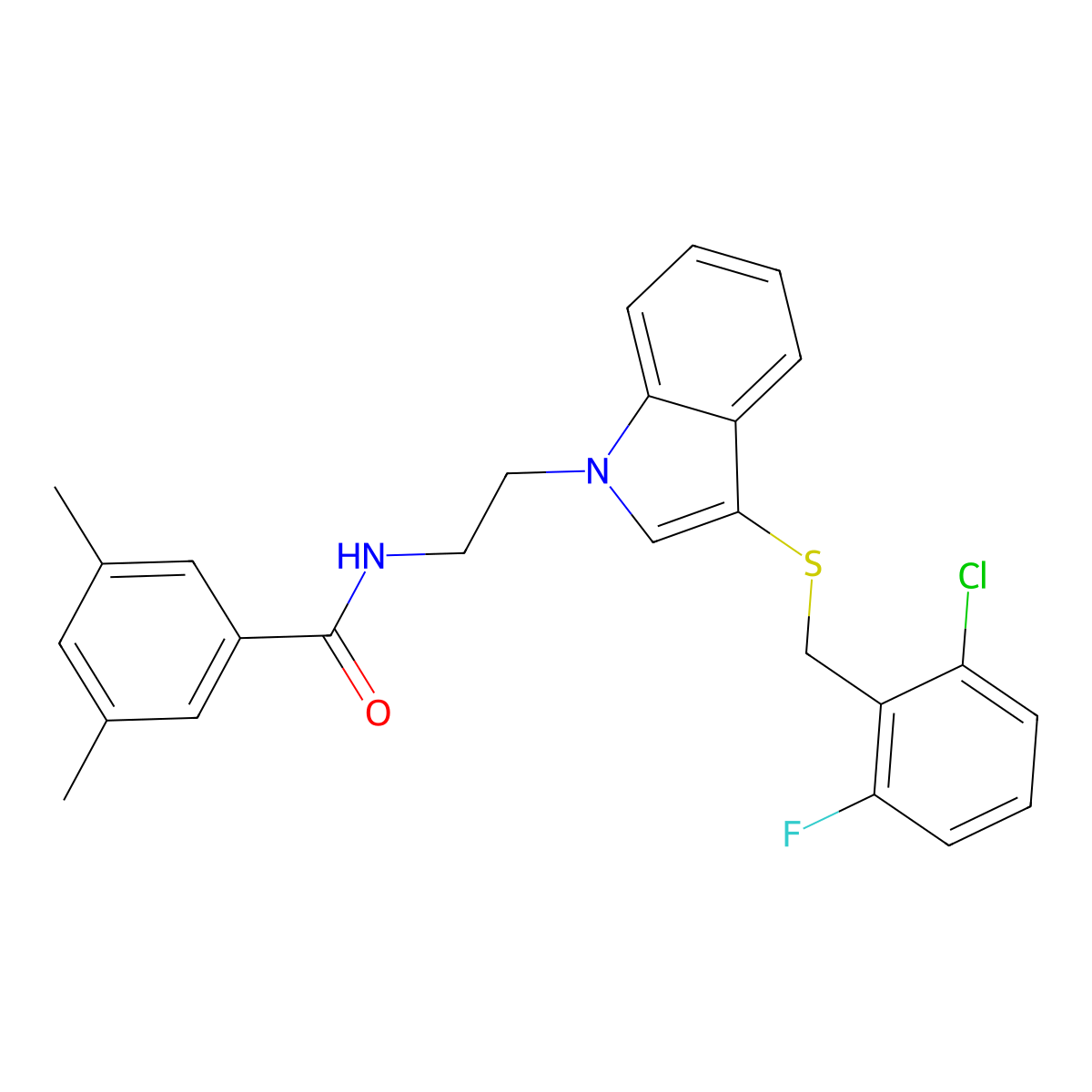 N-(2-(3-((2-chloro-6-fluorobenzyl)thio)-1H-indol-1-yl)ethyl)-3,5-dimethylbenzamide molecular structure, CAS 532974-18-8