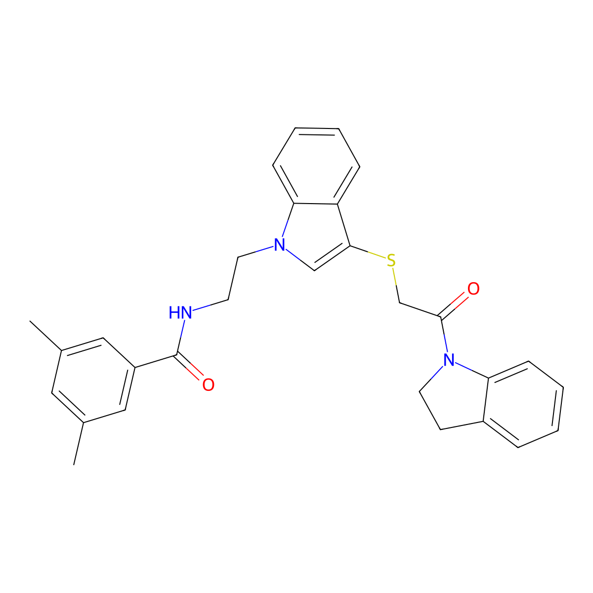 N-(2-(3-((2-(indolin-1-yl)-2-oxoethyl)thio)-1H-indol-1-yl)ethyl)-3,5-dimethylbenzamide molecular structure, CAS 532974-27-9
