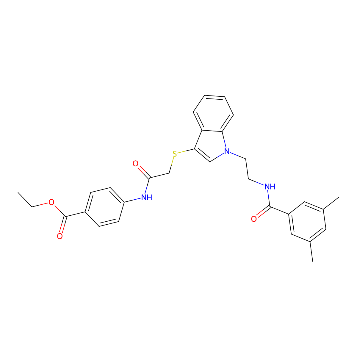 Ethyl 4-[[2-[1-[2-[(3,5-dimethylbenzoyl)amino]ethyl]indol-3-yl]sulfanylacetyl]amino]benzoate molecular structure, CAS 532974-36-0