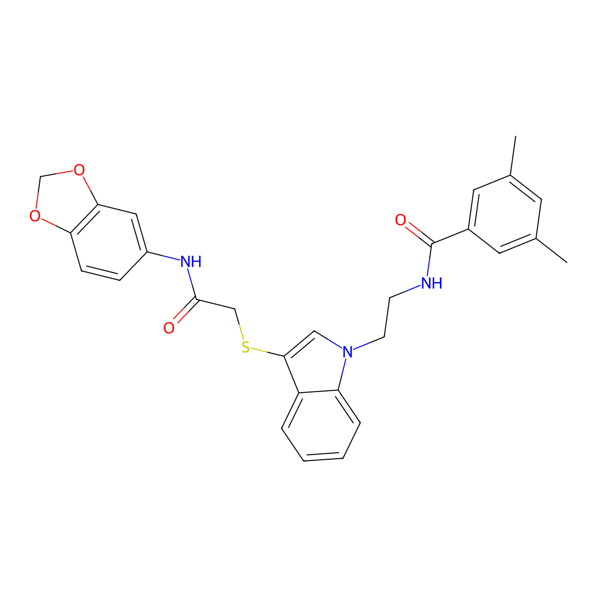 N-(2-(3-((2-(benzo[d][1,3]dioxol-5-ylamino)-2-oxoethyl)thio)-1H-indol-1-yl)ethyl)-3,5-dimethylbenzamide molecular structure, CAS 532974-40-6