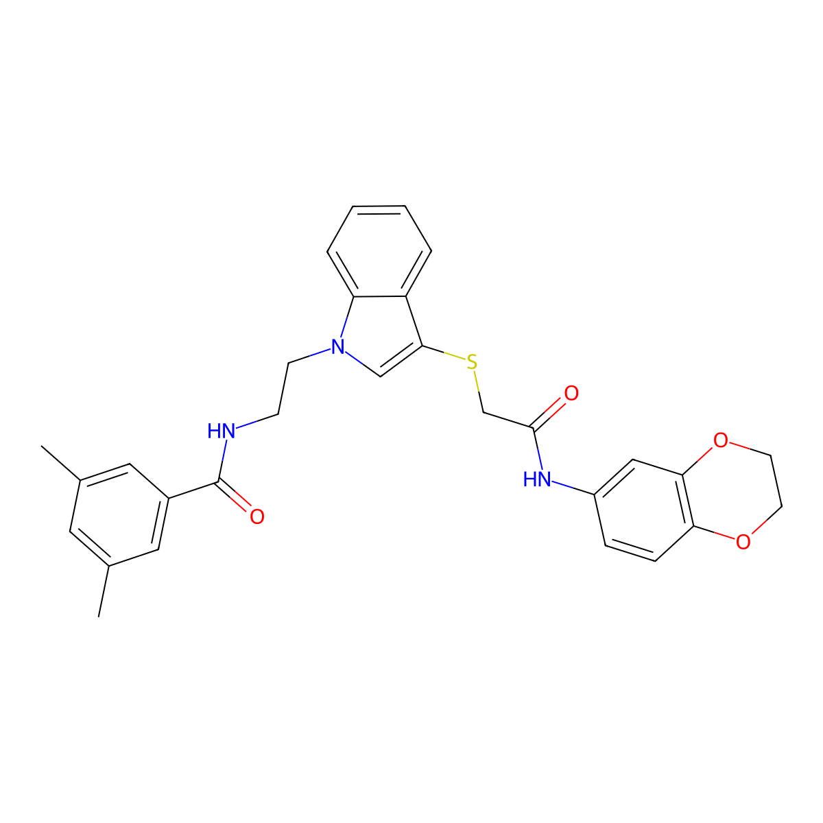 N-(2-(3-((2-((2,3-dihydrobenzo[b][1,4]dioxin-6-yl)amino)-2-oxoethyl)thio)-1H-indol-1-yl)ethyl)-3,5-dimethylbenzamide molecular structure, CAS 532974-41-7