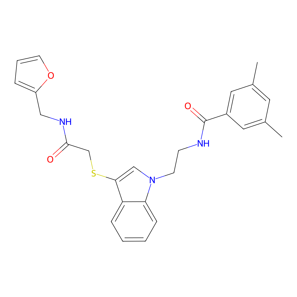 N-(2-(3-((2-((furan-2-ylmethyl)amino)-2-oxoethyl)thio)-1H-indol-1-yl)ethyl)-3,5-dimethylbenzamide molecular structure, CAS 532974-43-9