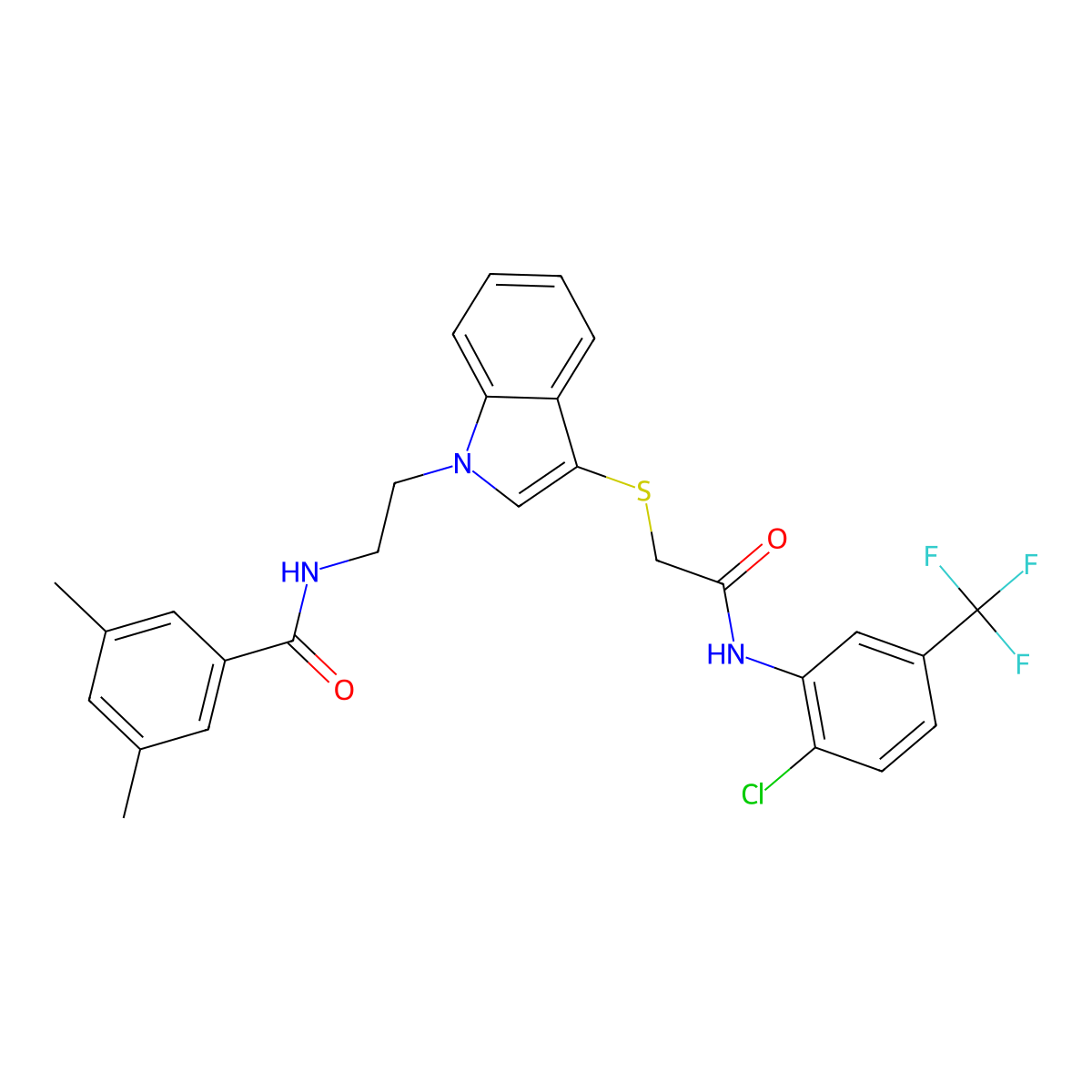 N-(2-(3-((2-((2-chloro-5-(trifluoromethyl)phenyl)amino)-2-oxoethyl)thio)-1H-indol-1-yl)ethyl)-3,5-dimethylbenzamide molecular structure, CAS 532974-45-1