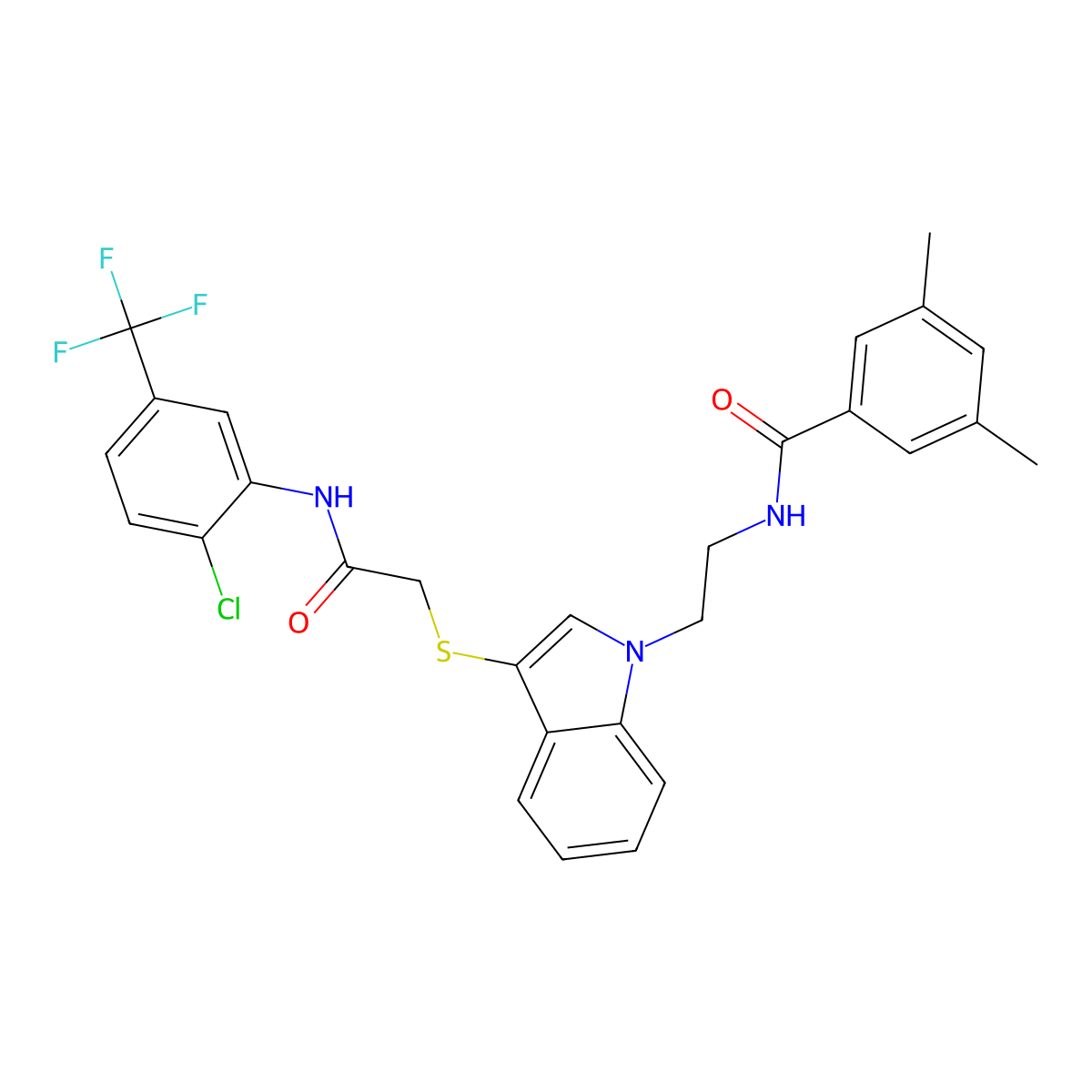 N-(2-(3-((2-((2-chloro-5-(trifluoromethyl)phenyl)amino)-2-oxoethyl)thio)-1H-indol-1-yl)ethyl)-3,5-dimethylbenzamide molecular structure, CAS 532974-45-1