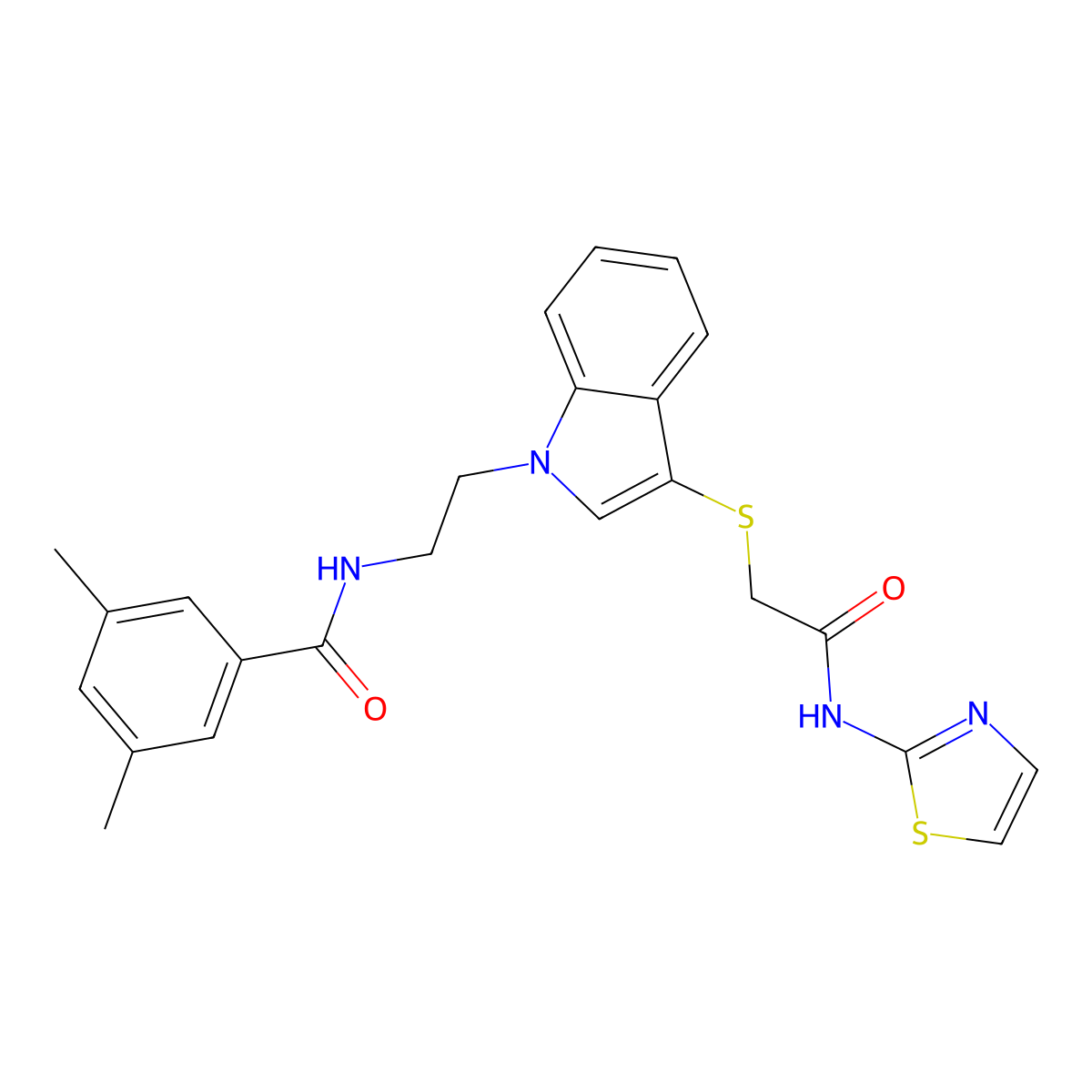 3,5-dimethyl-N-(2-(3-((2-oxo-2-(thiazol-2-ylamino)ethyl)thio)-1H-indol-1-yl)ethyl)benzamide molecular structure, CAS 532974-46-2