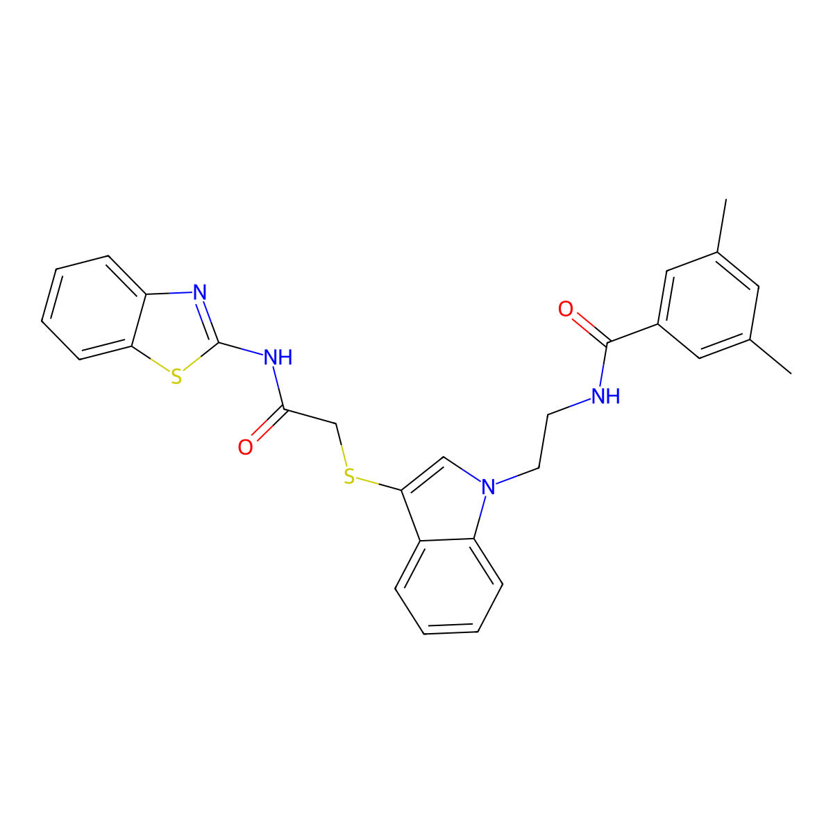N-(2-(3-((2-(benzo[d]thiazol-2-ylamino)-2-oxoethyl)thio)-1H-indol-1-yl)ethyl)-3,5-dimethylbenzamide molecular structure, CAS 532974-47-3