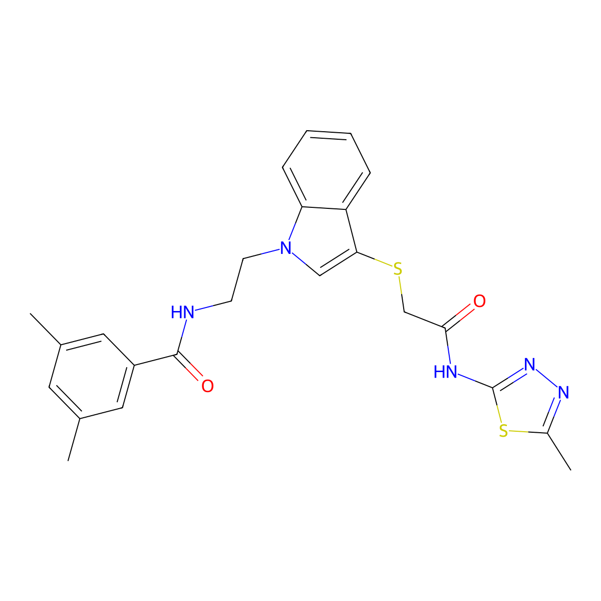 3,5-dimethyl-N-(2-(3-((2-((5-methyl-1,3,4-thiadiazol-2-yl)amino)-2-oxoethyl)thio)-1H-indol-1-yl)ethyl)benzamide molecular structure, CAS 532974-50-8