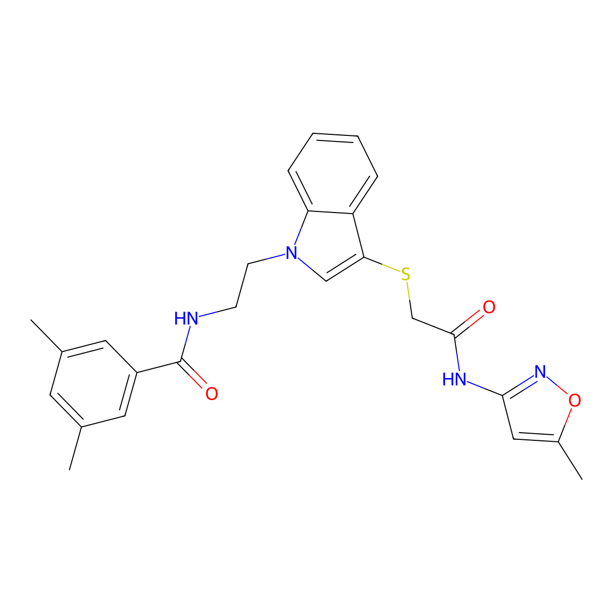 3,5-dimethyl-N-(2-(3-((2-((5-methylisoxazol-3-yl)amino)-2-oxoethyl)thio)-1H-indol-1-yl)ethyl)benzamide molecular structure, CAS 532974-51-9