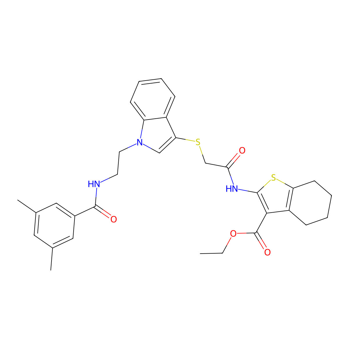 Ethyl 2-[[2-[1-[2-[(3,5-dimethylbenzoyl)amino]ethyl]indol-3-yl]sulfanylacetyl]amino]-4,5,6,7-tetrahydro-1-benzothiophene-3-carboxylate molecular structure, CAS 532974-52-0