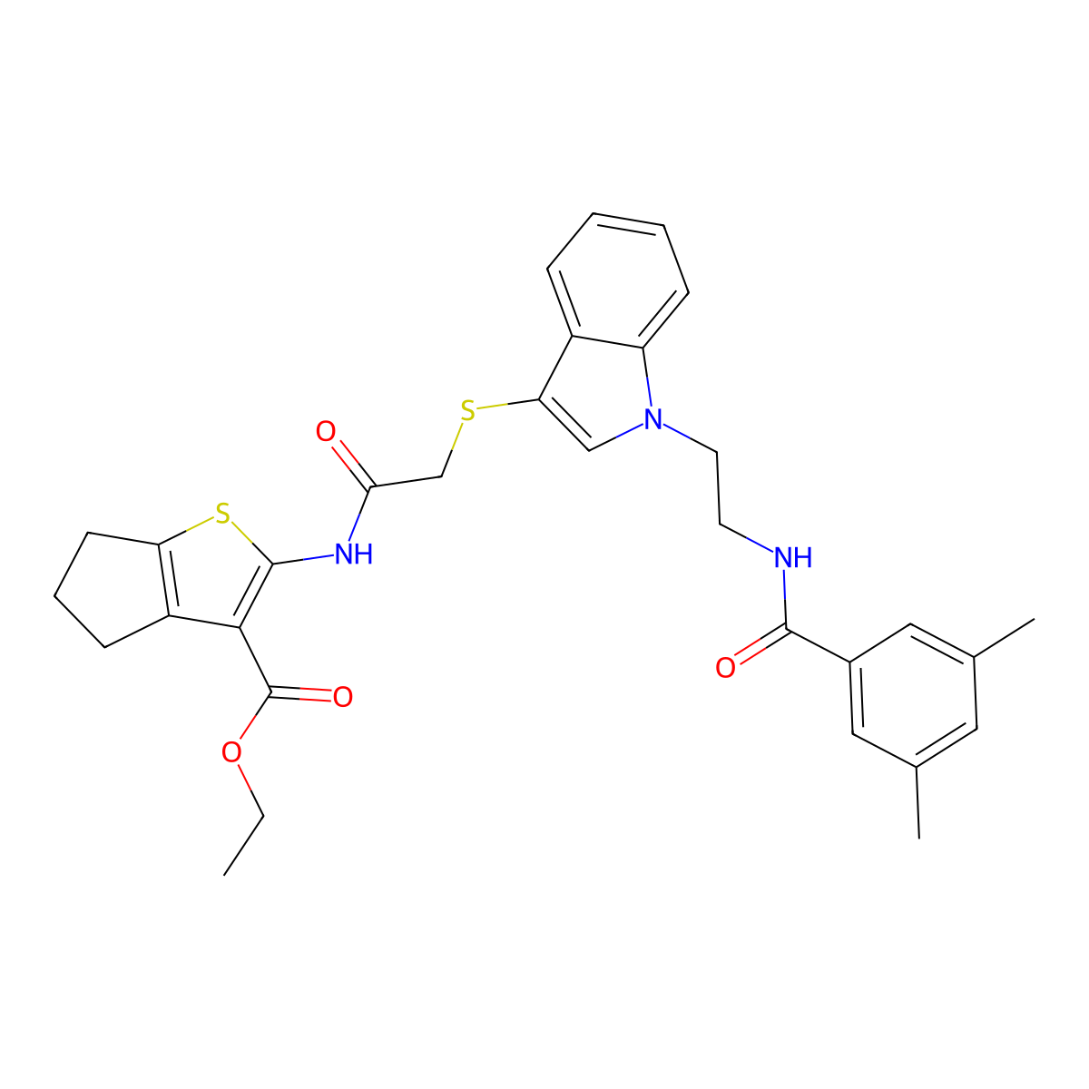 ethyl 2-[[2-[1-[2-[(3,5-dimethylbenzoyl)amino]ethyl]indol-3-yl]sulfanylacetyl]amino]-5,6-dihydro-4H-cyclopenta[b]thiophene-3-carboxylate molecular structure, CAS 532974-53-1