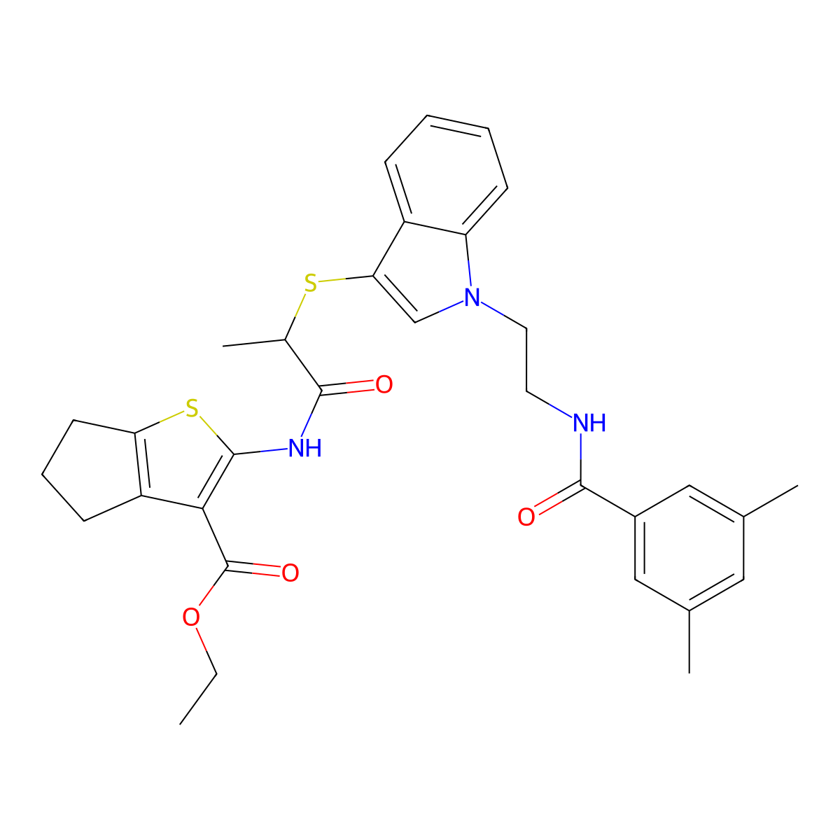 ethyl 2-(2-((1-(2-(3,5-dimethylbenzamido)ethyl)-1H-indol-3-yl)thio)propanamido)-5,6-dihydro-4H-cyclopenta[b]thiophene-3-carboxylate molecular structure, CAS 532974-54-2