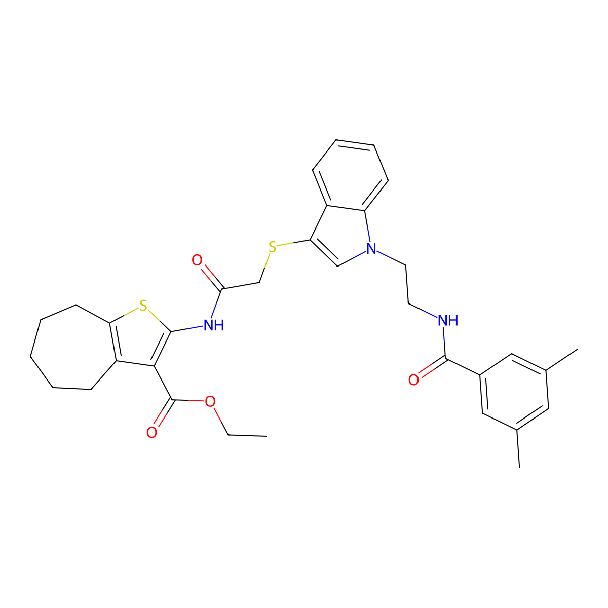 ethyl 2-(2-((1-(2-(3,5-dimethylbenzamido)ethyl)-1H-indol-3-yl)thio)acetamido)-5,6,7,8-tetrahydro-4H-cyclohepta[b]thiophene-3-carboxylate molecular structure, CAS 532974-55-3