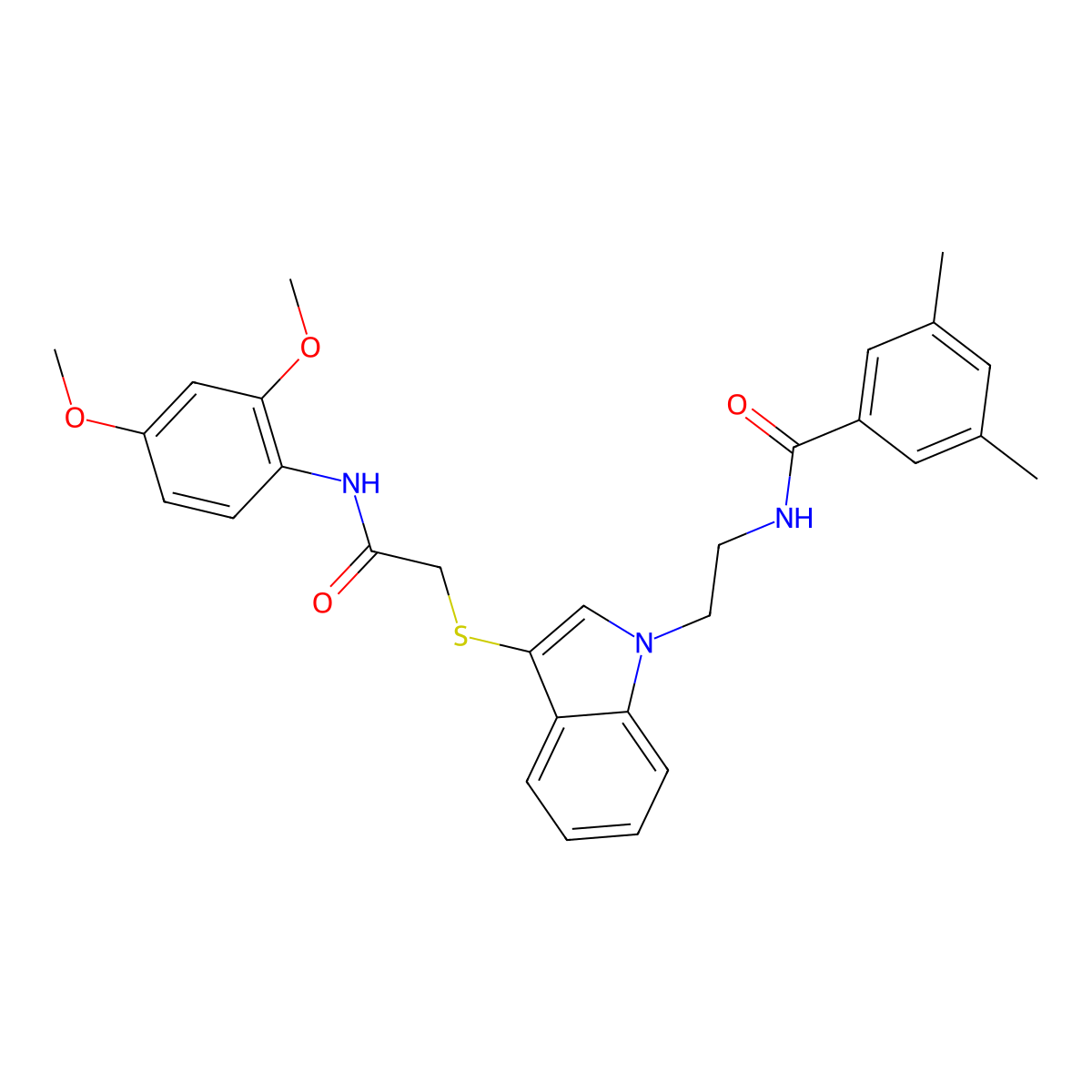 N-(2-(3-((2-((2,4-dimethoxyphenyl)amino)-2-oxoethyl)thio)-1H-indol-1-yl)ethyl)-3,5-dimethylbenzamide molecular structure, CAS 532974-63-3