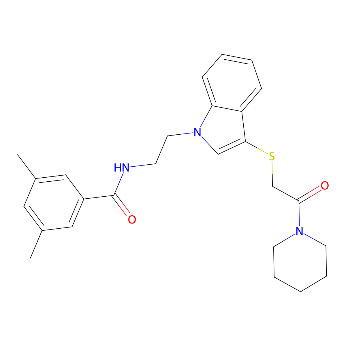 3,5-dimethyl-N-(2-(3-((2-oxo-2-(piperidin-1-yl)ethyl)thio)-1H-indol-1-yl)ethyl)benzamide molecular structure, CAS 532974-64-4