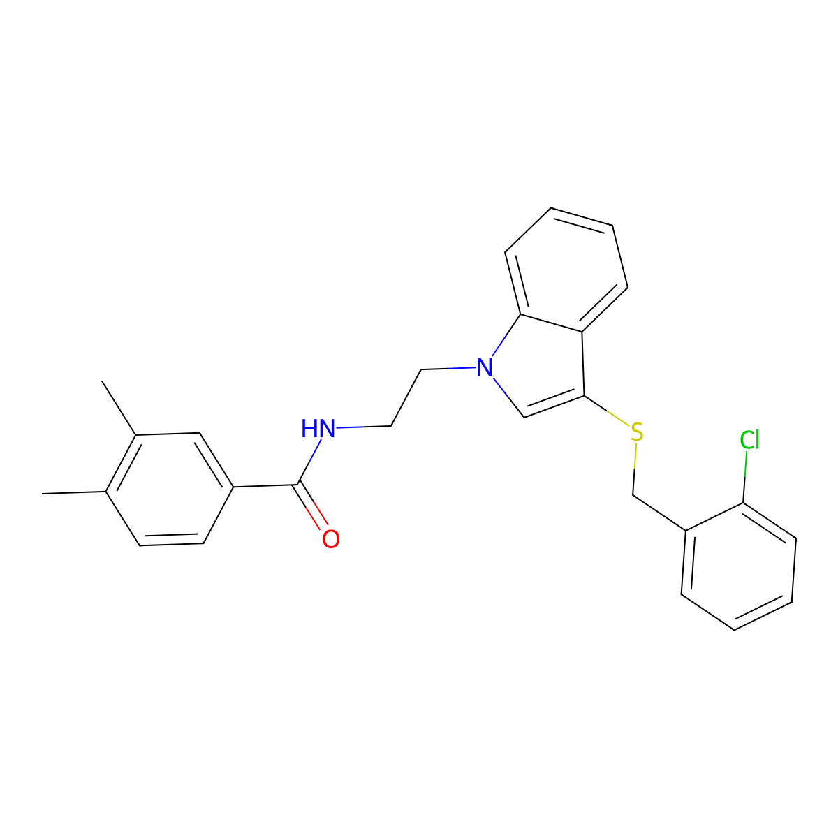 N-(2-(3-((2-chlorobenzyl)thio)-1H-indol-1-yl)ethyl)-3,4-dimethylbenzamide molecular structure, CAS 532974-71-3