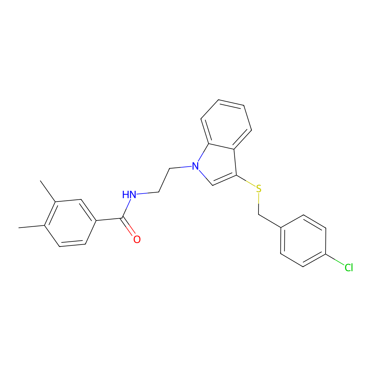 N-(2-(3-((4-chlorobenzyl)thio)-1H-indol-1-yl)ethyl)-3,4-dimethylbenzamide molecular structure, CAS 532974-72-4