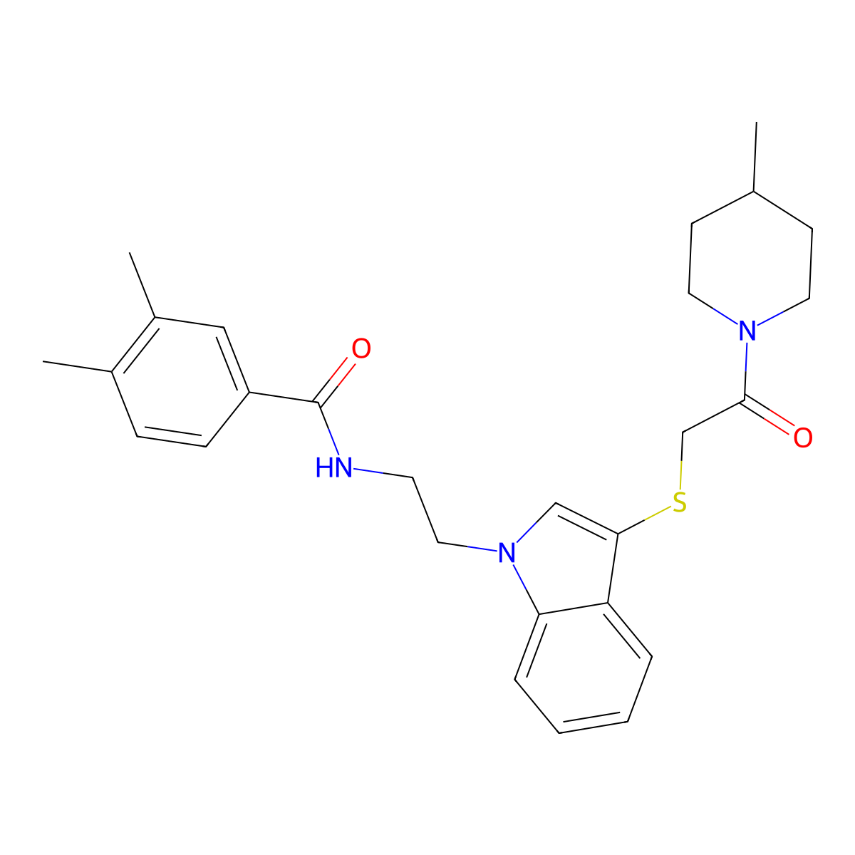 3,4-dimethyl-N-(2-(3-((2-(4-methylpiperidin-1-yl)-2-oxoethyl)thio)-1H-indol-1-yl)ethyl)benzamide molecular structure, CAS 532974-77-9