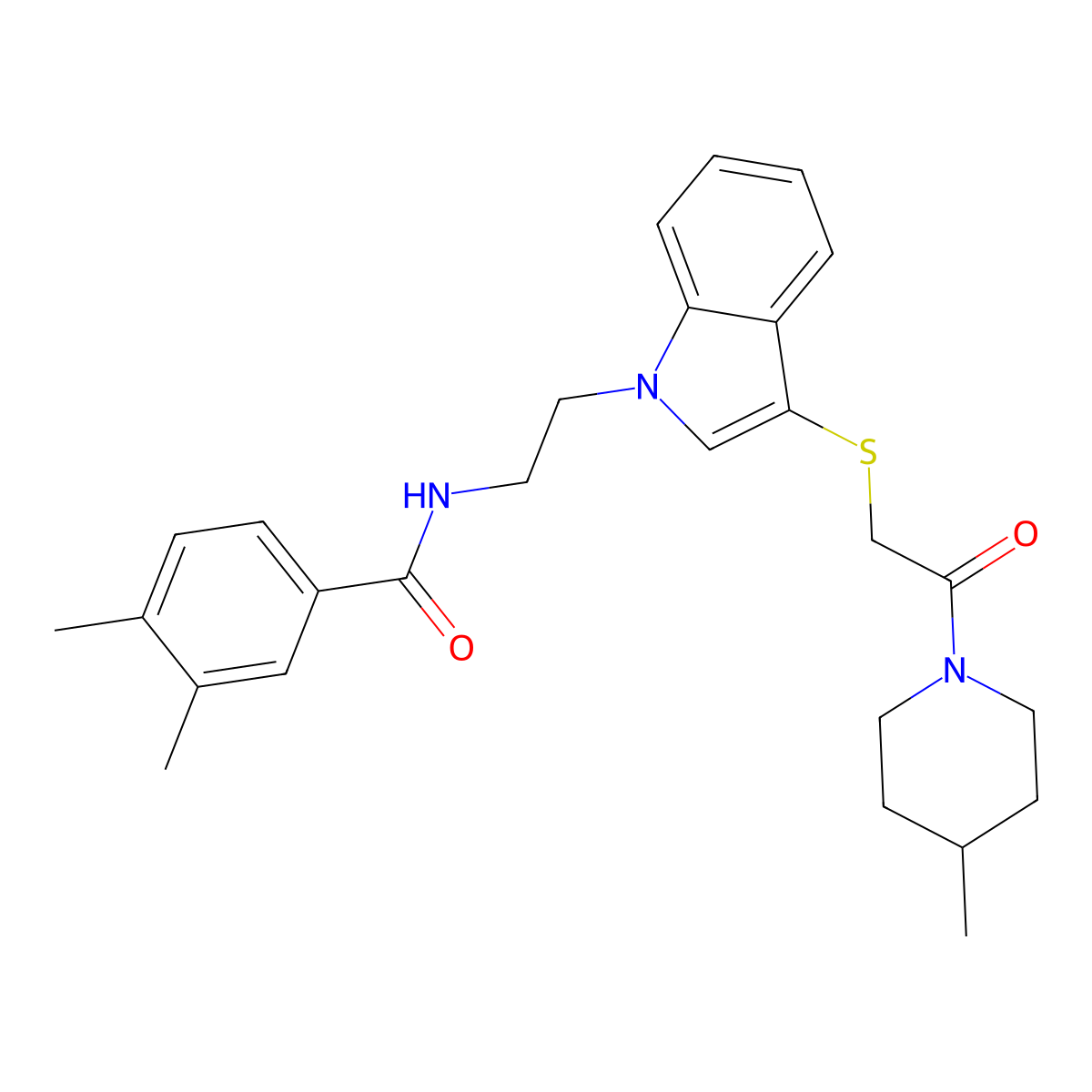3,4-dimethyl-N-(2-(3-((2-(4-methylpiperidin-1-yl)-2-oxoethyl)thio)-1H-indol-1-yl)ethyl)benzamide molecular structure, CAS 532974-77-9