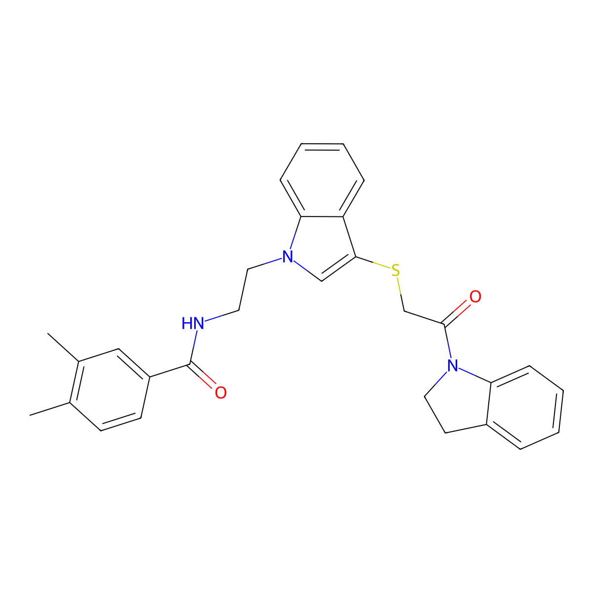 N-(2-(3-((2-(indolin-1-yl)-2-oxoethyl)thio)-1H-indol-1-yl)ethyl)-3,4-dimethylbenzamide molecular structure, CAS 532974-84-8