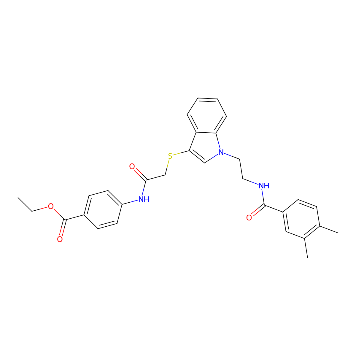 Ethyl 4-[[2-[1-[2-[(3,4-dimethylbenzoyl)amino]ethyl]indol-3-yl]sulfanylacetyl]amino]benzoate molecular structure, CAS 532974-93-9