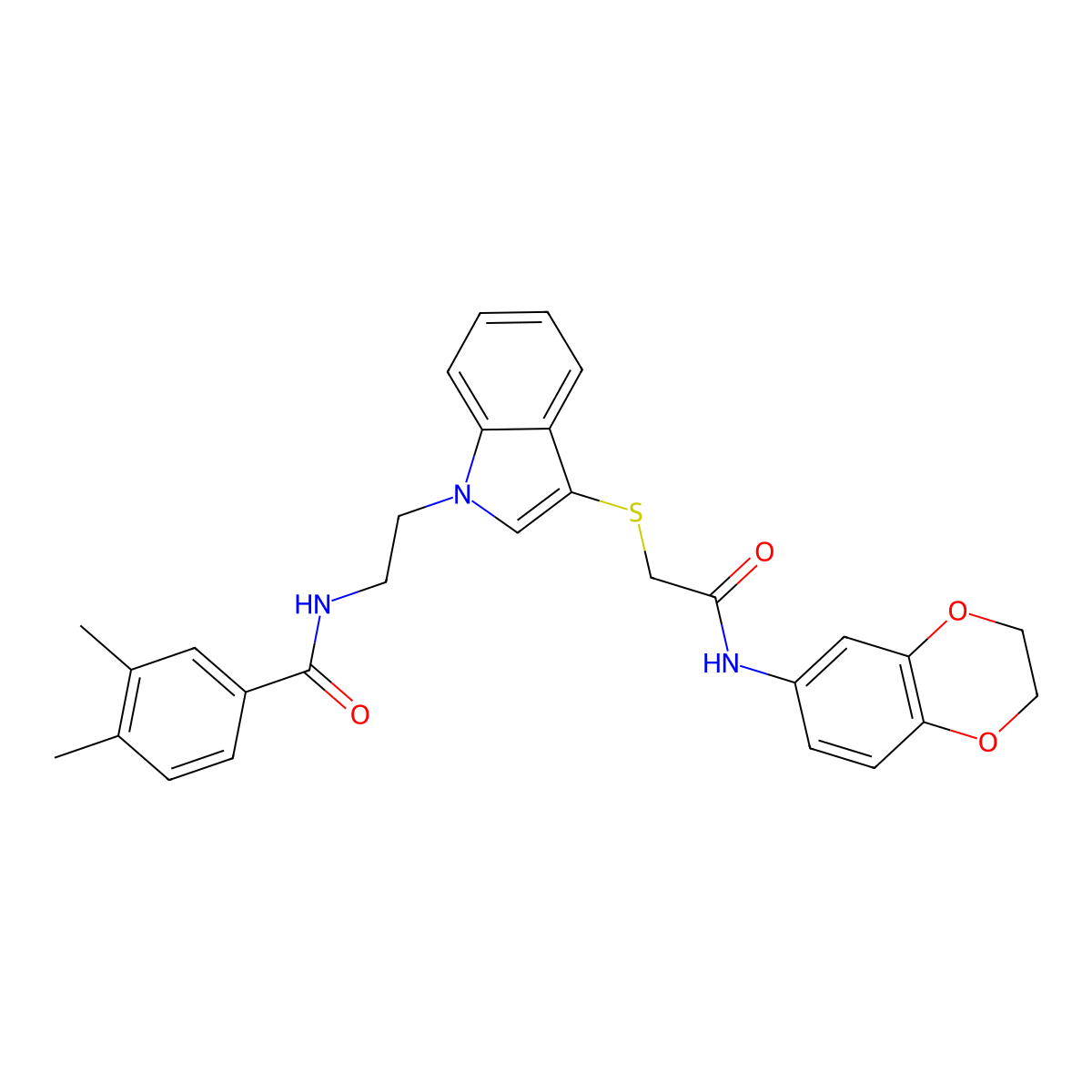 N-[2-[3-[2-(2,3-dihydro-1,4-benzodioxin-6-ylamino)-2-oxoethyl]sulfanylindol-1-yl]ethyl]-3,4-dimethylbenzamide molecular structure, CAS 532974-98-4