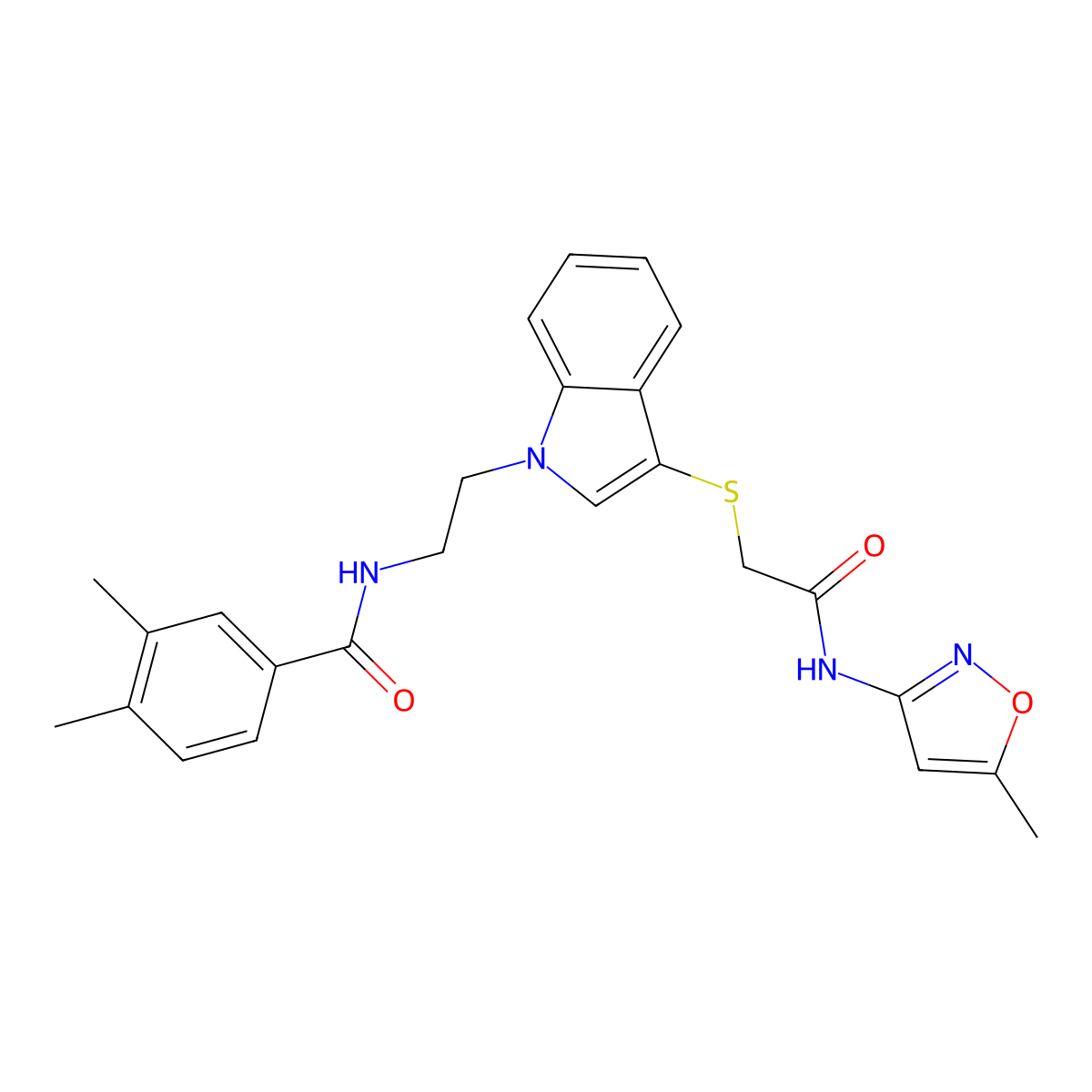 3,4-dimethyl-N-(2-(3-((2-((5-methylisoxazol-3-yl)amino)-2-oxoethyl)thio)-1H-indol-1-yl)ethyl)benzamide molecular structure, CAS 532975-08-9