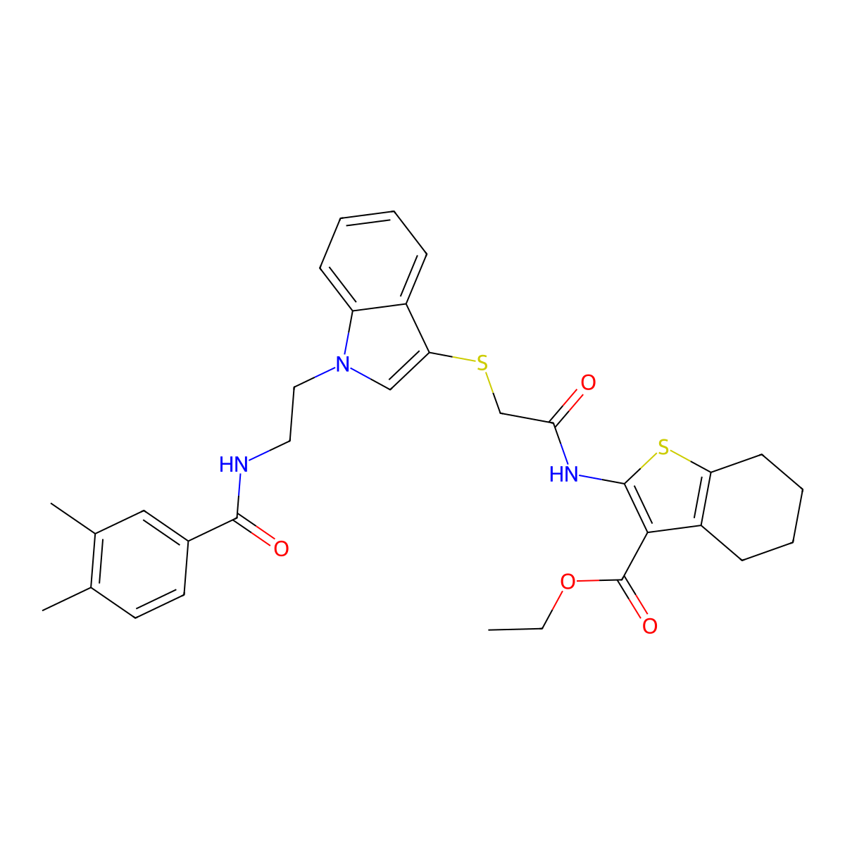 ethyl 2-(2-((1-(2-(3,4-dimethylbenzamido)ethyl)-1H-indol-3-yl)thio)acetamido)-4,5,6,7-tetrahydrobenzo[b]thiophene-3-carboxylate molecular structure, CAS 532975-09-0