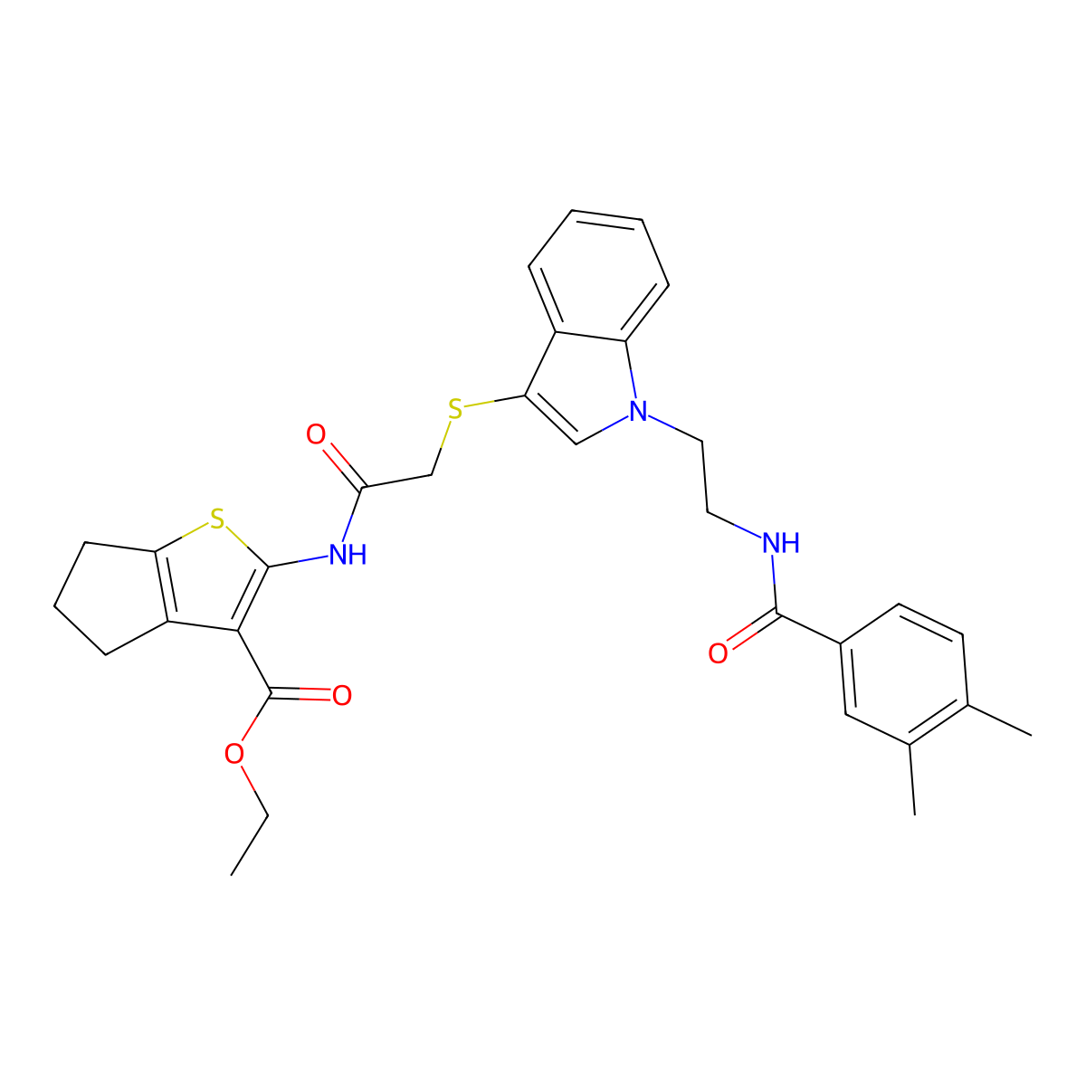 ethyl 2-(2-((1-(2-(3,4-dimethylbenzamido)ethyl)-1H-indol-3-yl)thio)acetamido)-5,6-dihydro-4H-cyclopenta[b]thiophene-3-carboxylate molecular structure, CAS 532975-10-3
