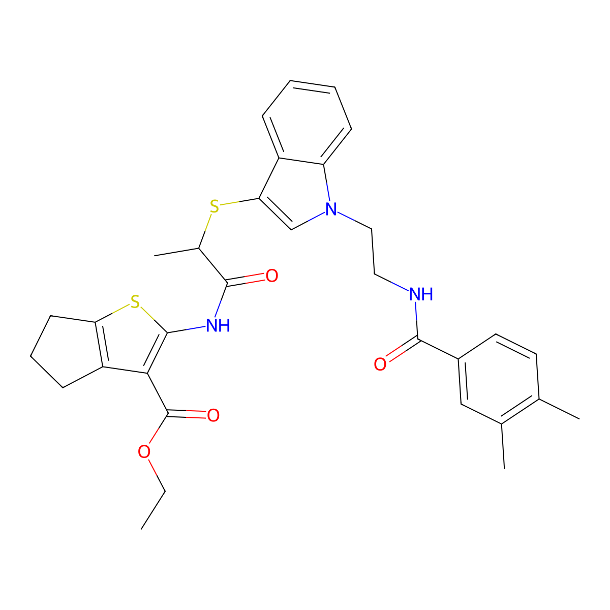 ethyl 2-[2-[1-[2-[(3,4-dimethylbenzoyl)amino]ethyl]indol-3-yl]sulfanylpropanoylamino]-5,6-dihydro-4H-cyclopenta[b]thiophene-3-carboxylate molecular structure, CAS 532975-11-4