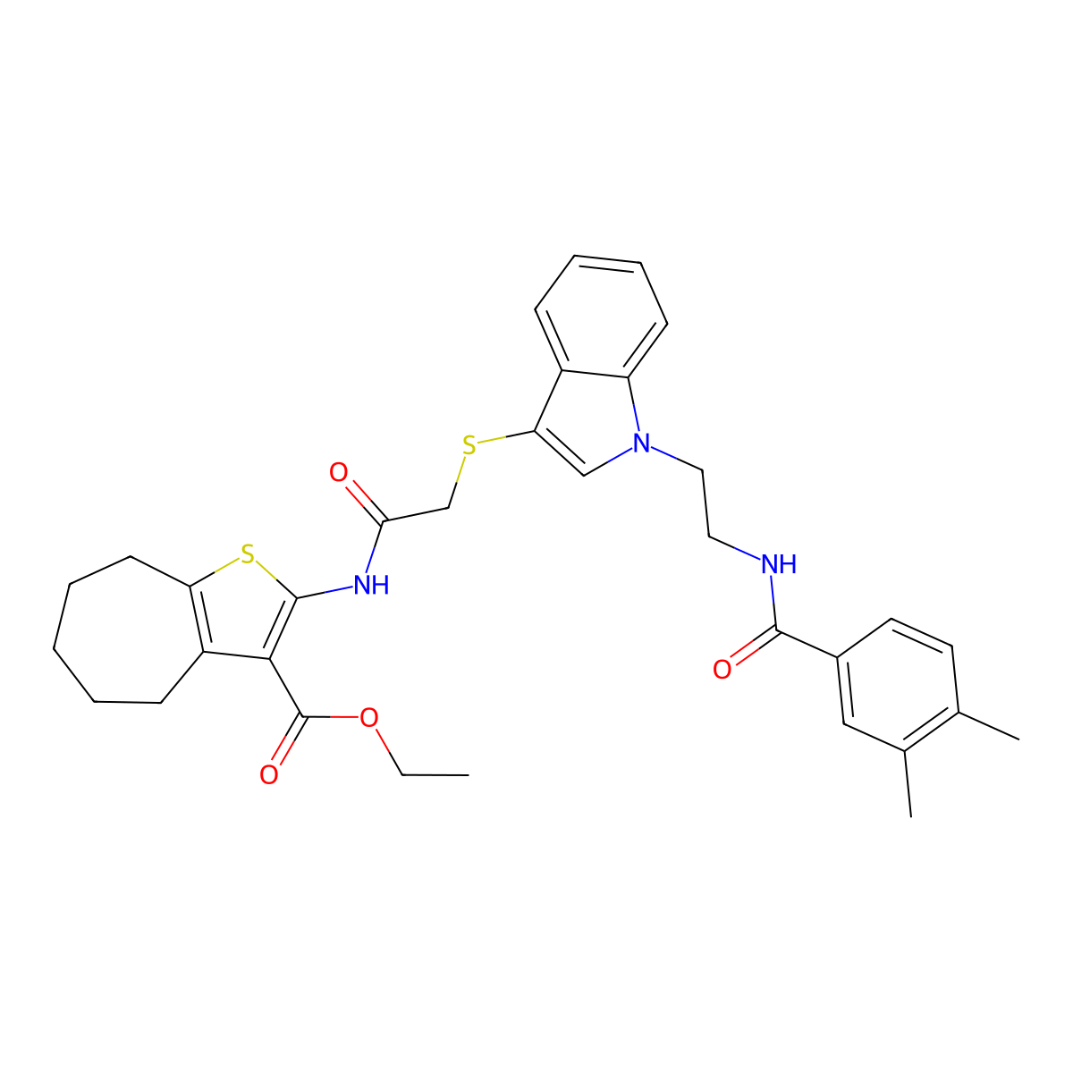 ethyl 2-[[2-[1-[2-[(3,4-dimethylbenzoyl)amino]ethyl]indol-3-yl]sulfanylacetyl]amino]-5,6,7,8-tetrahydro-4H-cyclohepta[b]thiophene-3-carboxylate molecular structure, CAS 532975-12-5