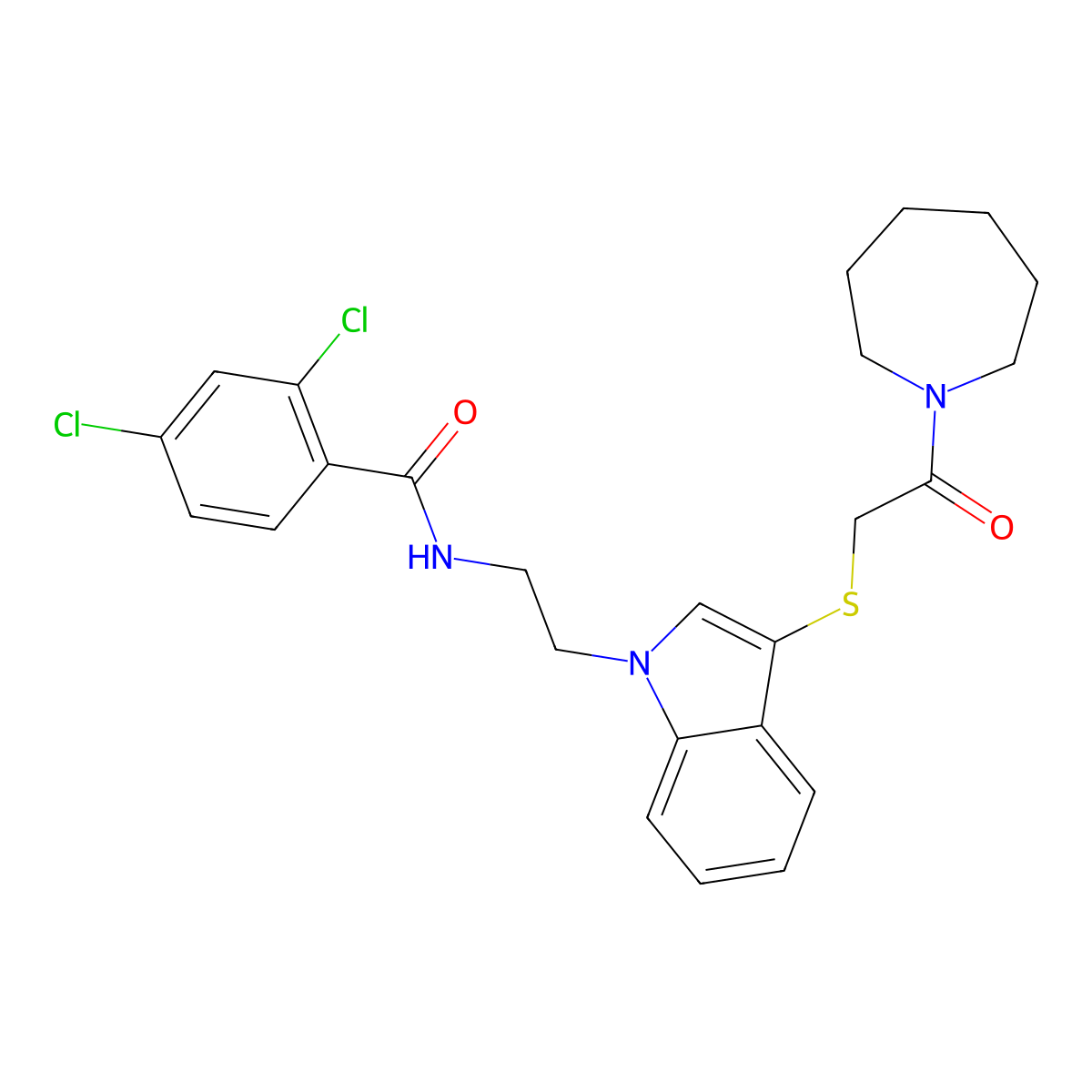 N-[2-[3-[2-(azepan-1-yl)-2-oxoethyl]sulfanylindol-1-yl]ethyl]-2,4-dichlorobenzamide molecular structure, CAS 532975-37-4