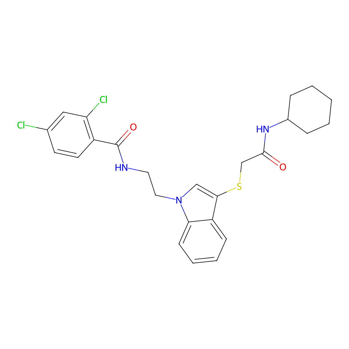2,4-dichloro-N-(2-(3-((2-(cyclohexylamino)-2-oxoethyl)thio)-1H-indol-1-yl)ethyl)benzamide molecular structure, CAS 532975-40-9