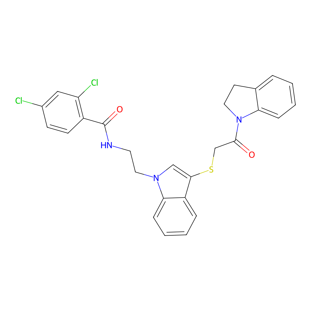 2,4-dichloro-N-(2-(3-((2-(indolin-1-yl)-2-oxoethyl)thio)-1H-indol-1-yl)ethyl)benzamide molecular structure, CAS 532975-41-0