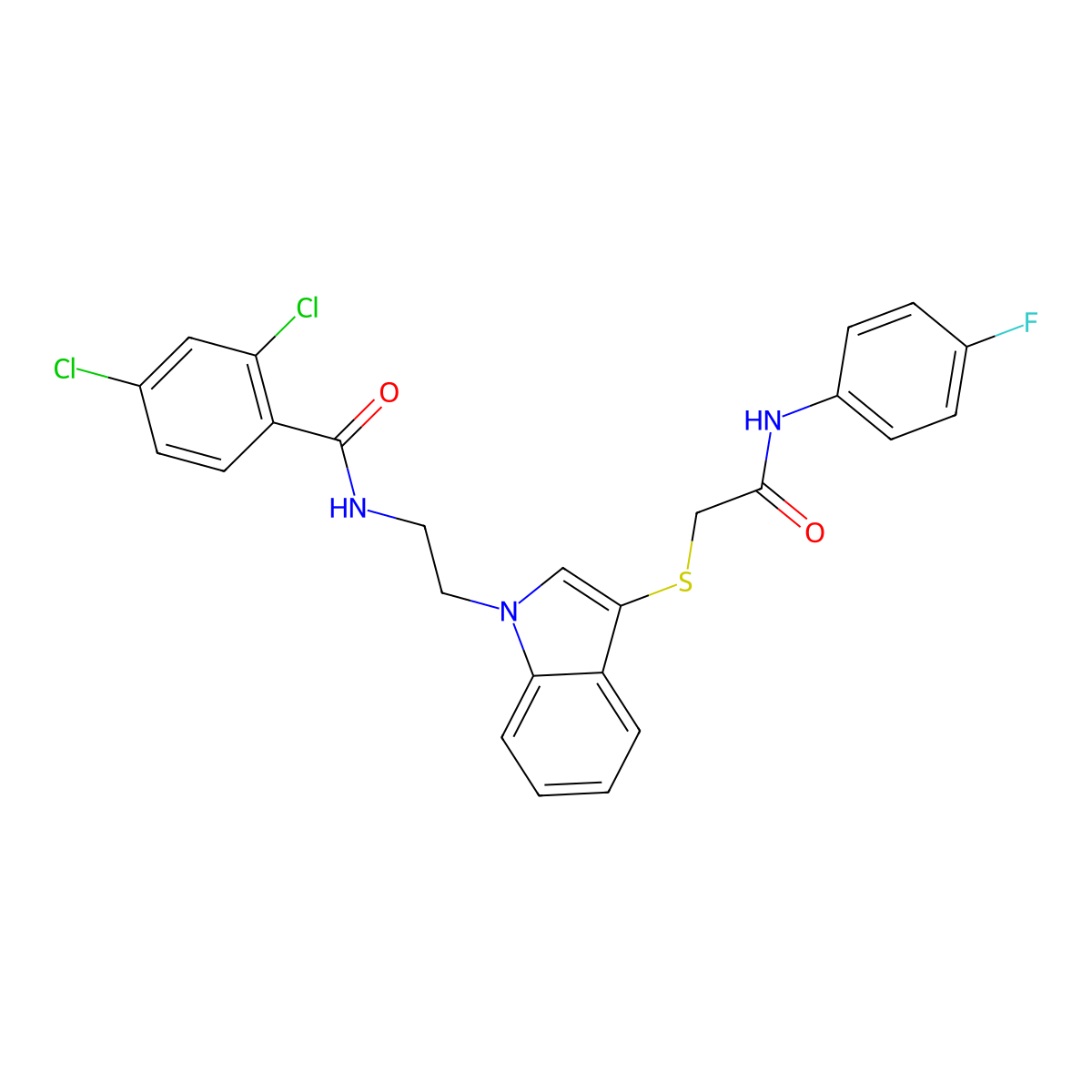 2,4-dichloro-N-[2-[3-[2-(4-fluoroanilino)-2-oxoethyl]sulfanylindol-1-yl]ethyl]benzamide molecular structure, CAS 532975-46-5