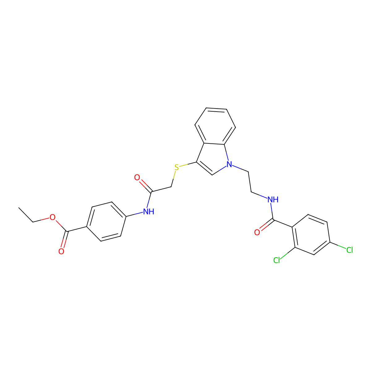 Ethyl 4-[[2-[1-[2-[(2,4-dichlorobenzoyl)amino]ethyl]indol-3-yl]sulfanylacetyl]amino]benzoate molecular structure, CAS 532975-50-1
