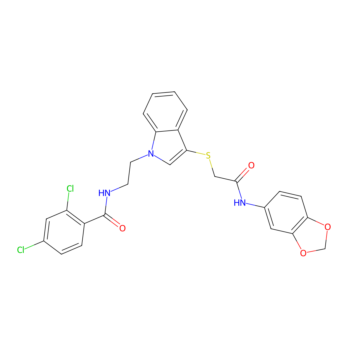 N-[2-[3-[2-(1,3-benzodioxol-5-ylamino)-2-oxoethyl]sulfanylindol-1-yl]ethyl]-2,4-dichlorobenzamide molecular structure, CAS 532975-54-5