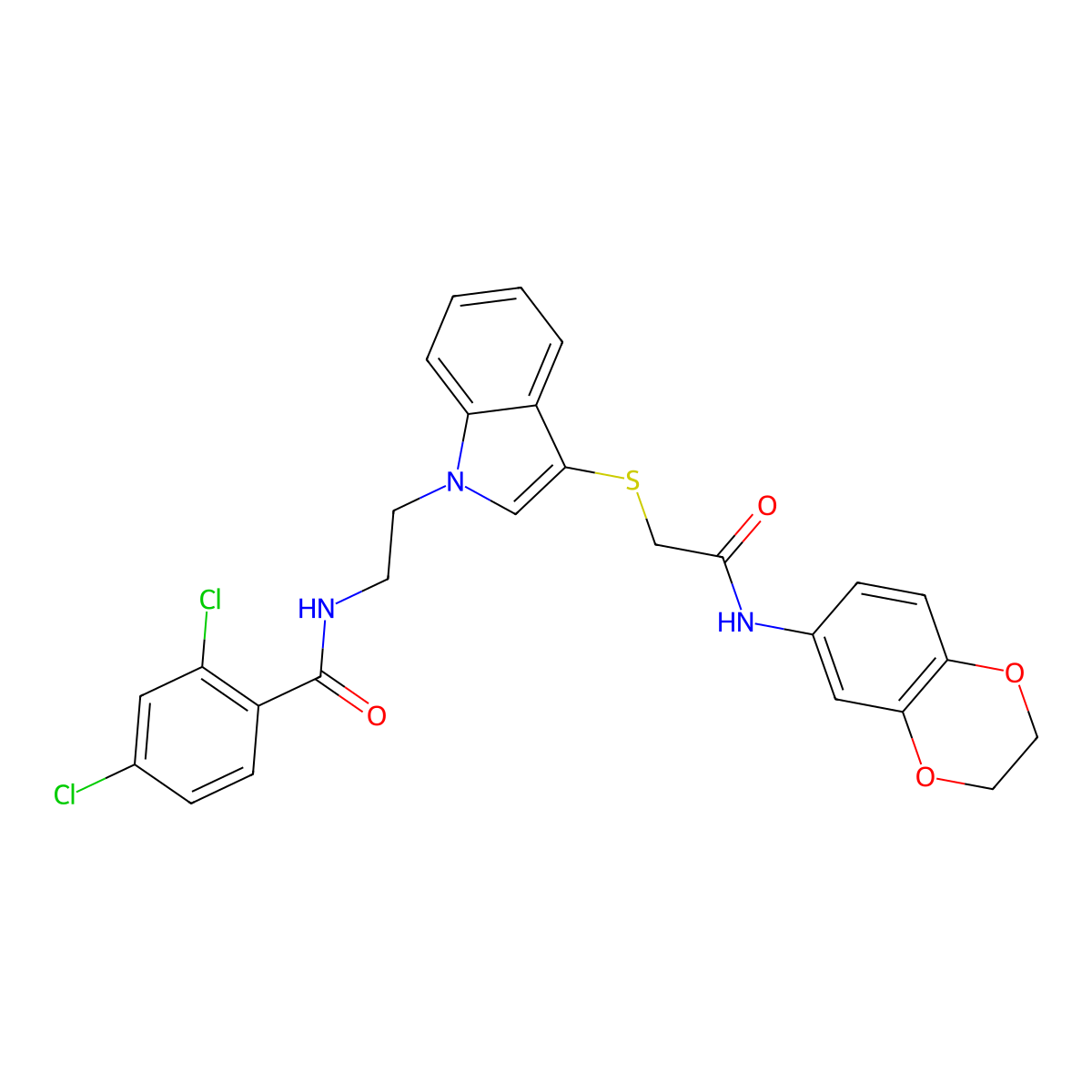 2,4-dichloro-N-[2-[3-[2-(2,3-dihydro-1,4-benzodioxin-6-ylamino)-2-oxoethyl]sulfanylindol-1-yl]ethyl]benzamide molecular structure, CAS 532975-55-6
